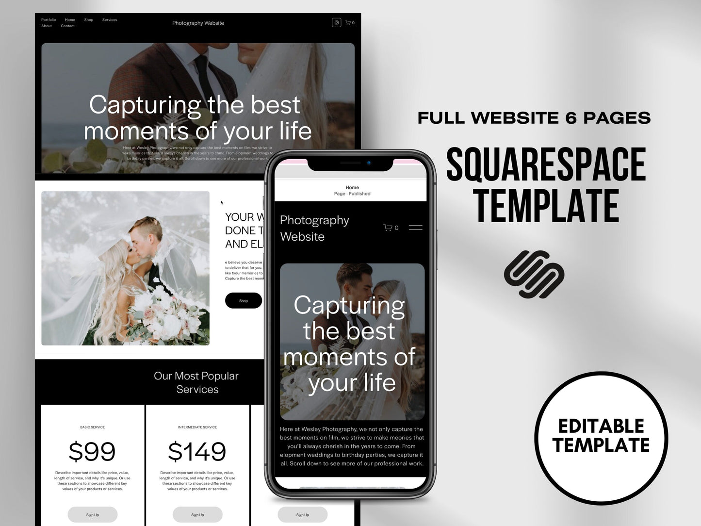 Photographer Aesthetic Squarespace Website Template, Website Template Squarespace,D.I.Y Website Design,Squarespace Template Editable