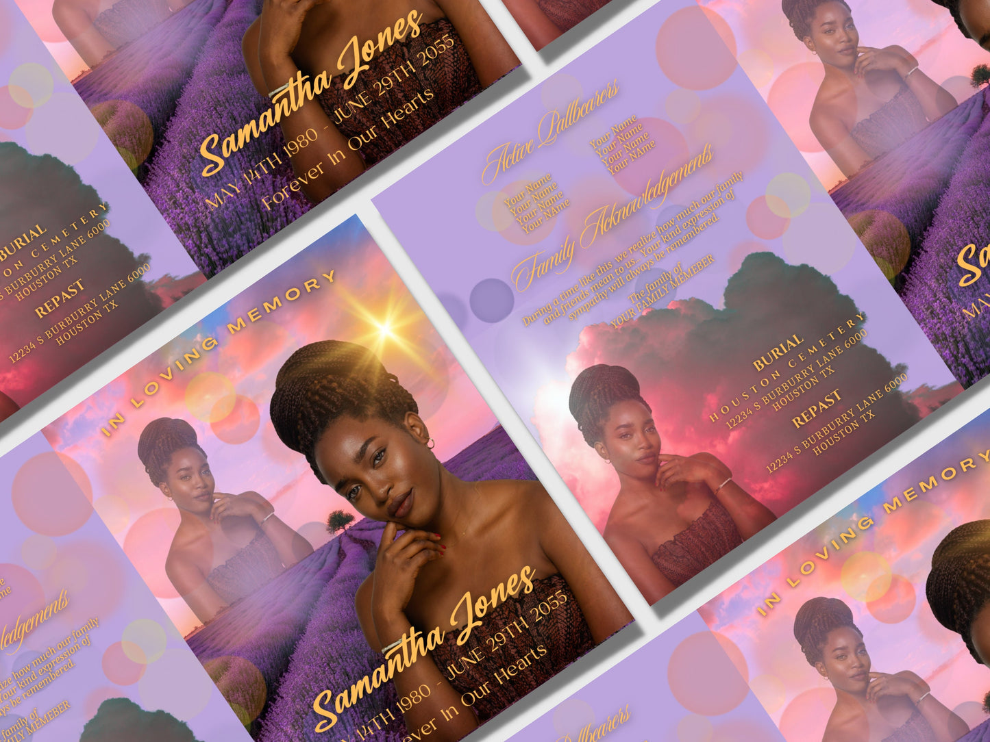 Women's Flowers Memorial Booklet (4 pages)| PURPLE Style Funeral Program |Celebration of Life |Keepsake |Digital Download |Canva Template