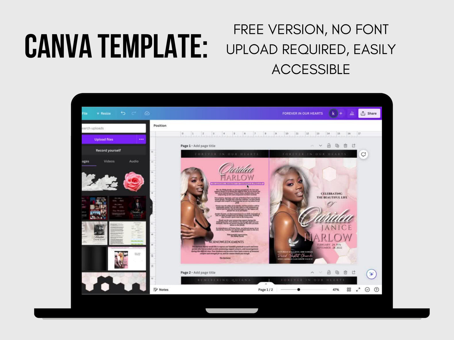 8.5"x 11" PINK And BLACK Dramatic Obituary Template (4 pages) In loving memory Pink Style Funeral Program | Celebration of Life | Canva