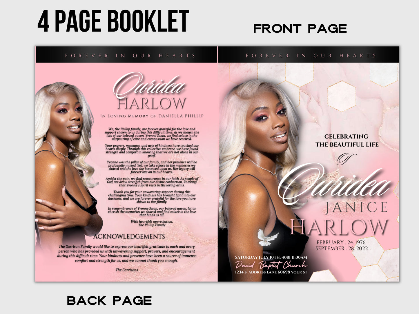 8.5"x 11" PINK And BLACK Dramatic Obituary Template (4 pages) In loving memory Pink Style Funeral Program | Celebration of Life | Canva