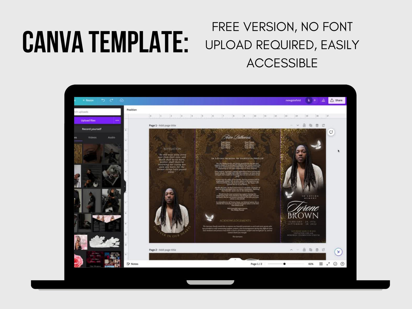 BROWN GATEFOLD For Men Memorial program| Gold And Bronze Funeral Program |Celebration of Life |Keepsake |Digital Download |Canva Template