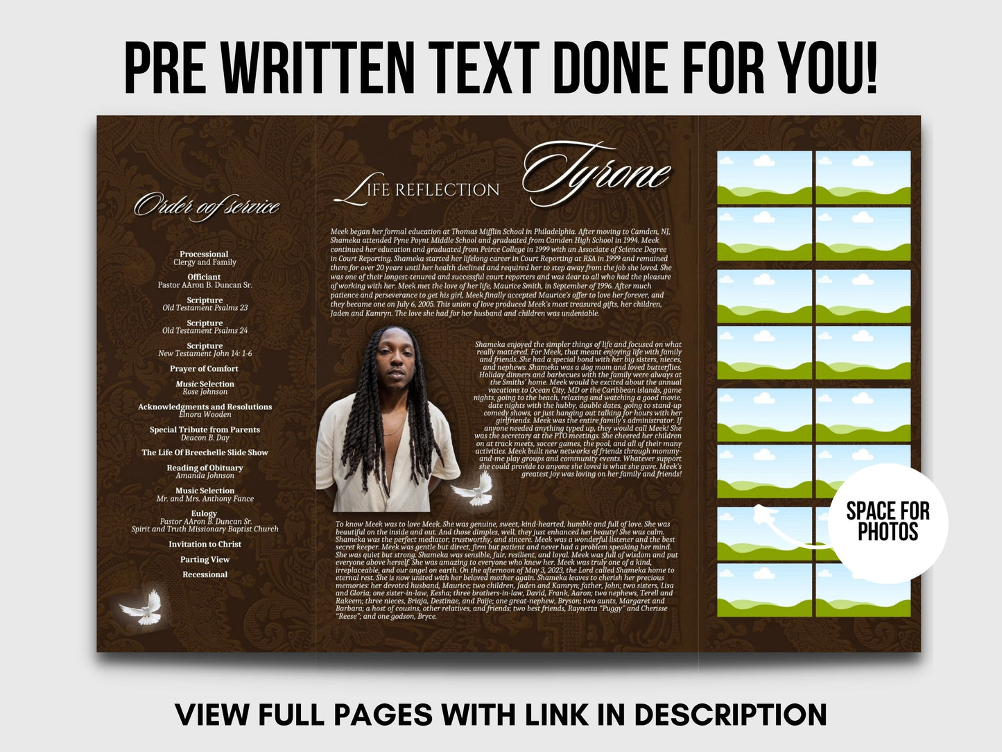 BROWN GATEFOLD For Men Memorial program| Gold And Bronze Funeral Program |Celebration of Life |Keepsake |Digital Download |Canva Template