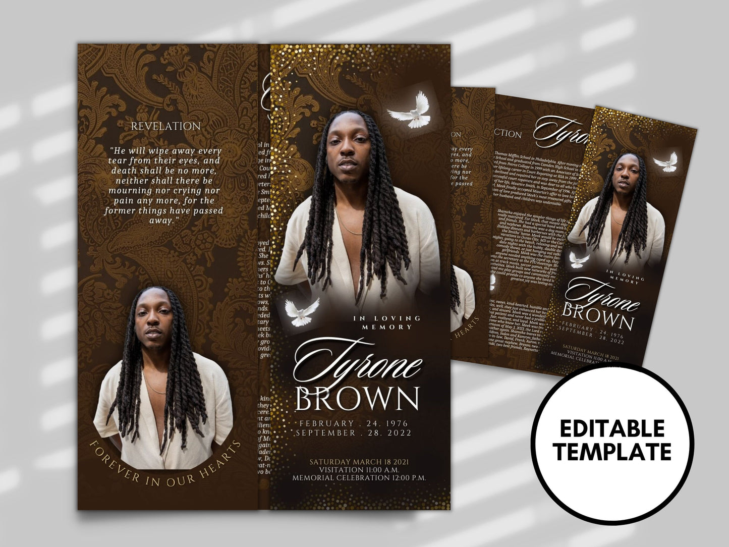 BROWN GATEFOLD For Men Memorial program| Gold And Bronze Funeral Program |Celebration of Life |Keepsake |Digital Download |Canva Template