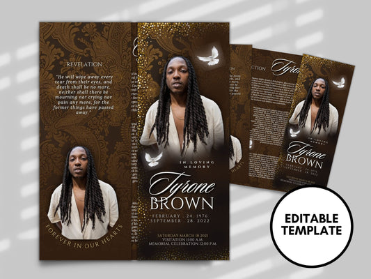 BROWN GATEFOLD For Men Memorial program| Gold And Bronze Funeral Program |Celebration of Life |Keepsake |Digital Download |Canva Template