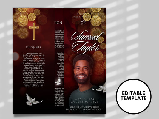 RED GATEFOLD  Memorial program| Red And Gold Custom Funeral Program |Celebration of Life |Keepsake |Digital Download |Canva Template