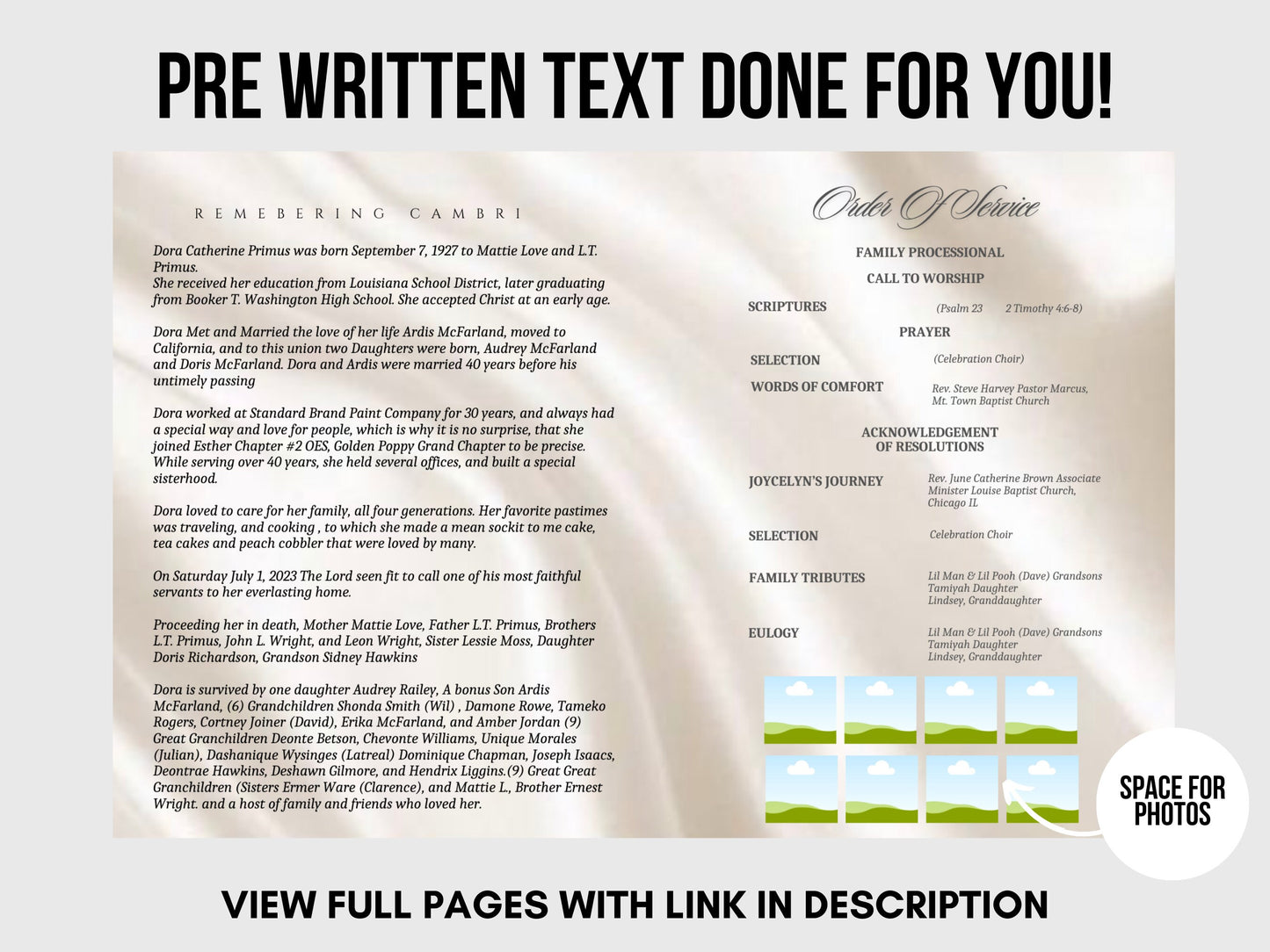 8.5"x11" BOOKLET Memorial program(4 pages)|Simple Cream Style Funeral Program|Celebration of Life |Keepsake|Digital Download |Canva Template