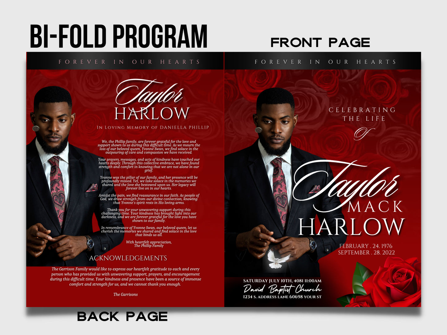 8.5"x 11" RED AND SILVER Dramatic Obituary Template (4 pages) In loving memory Red Rose Style Funeral Program |Celebration of Life | Canva