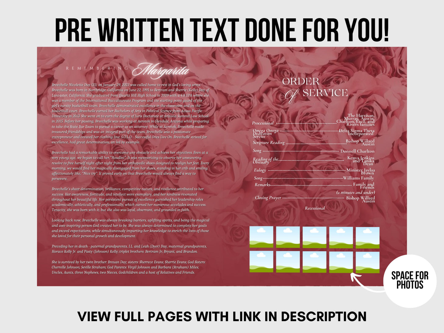 8.5"x11" BOOKLET Memorial program (4 pages) | Pink + Elegant Funeral Program|Celebration of Life |Keepsake |Digital Download |Canva Template