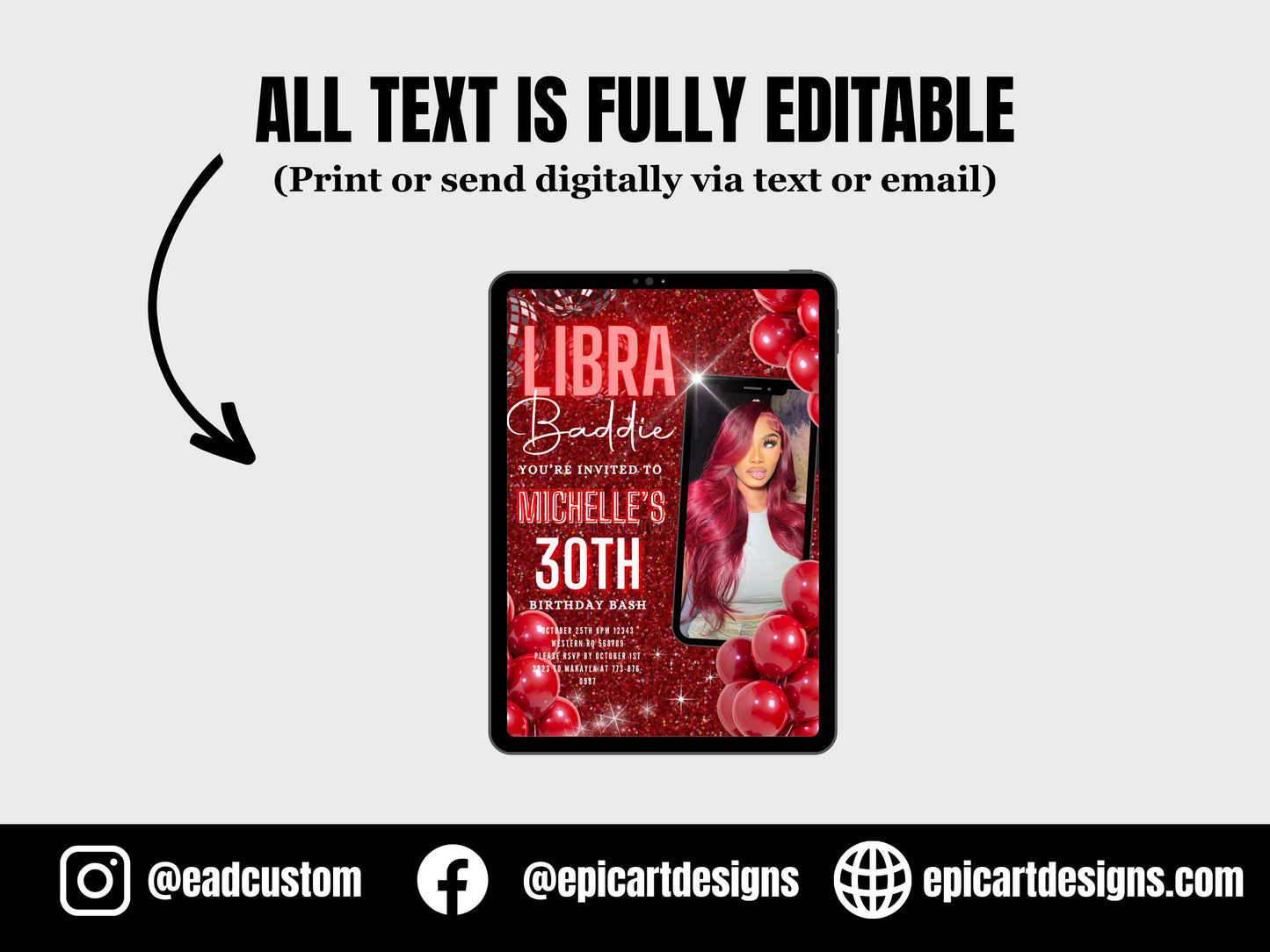 Red Libra invite, Digital Bday card, DIY invite Template Design, Birthday Party Invites Flyer, Premade Celebration birthday invite