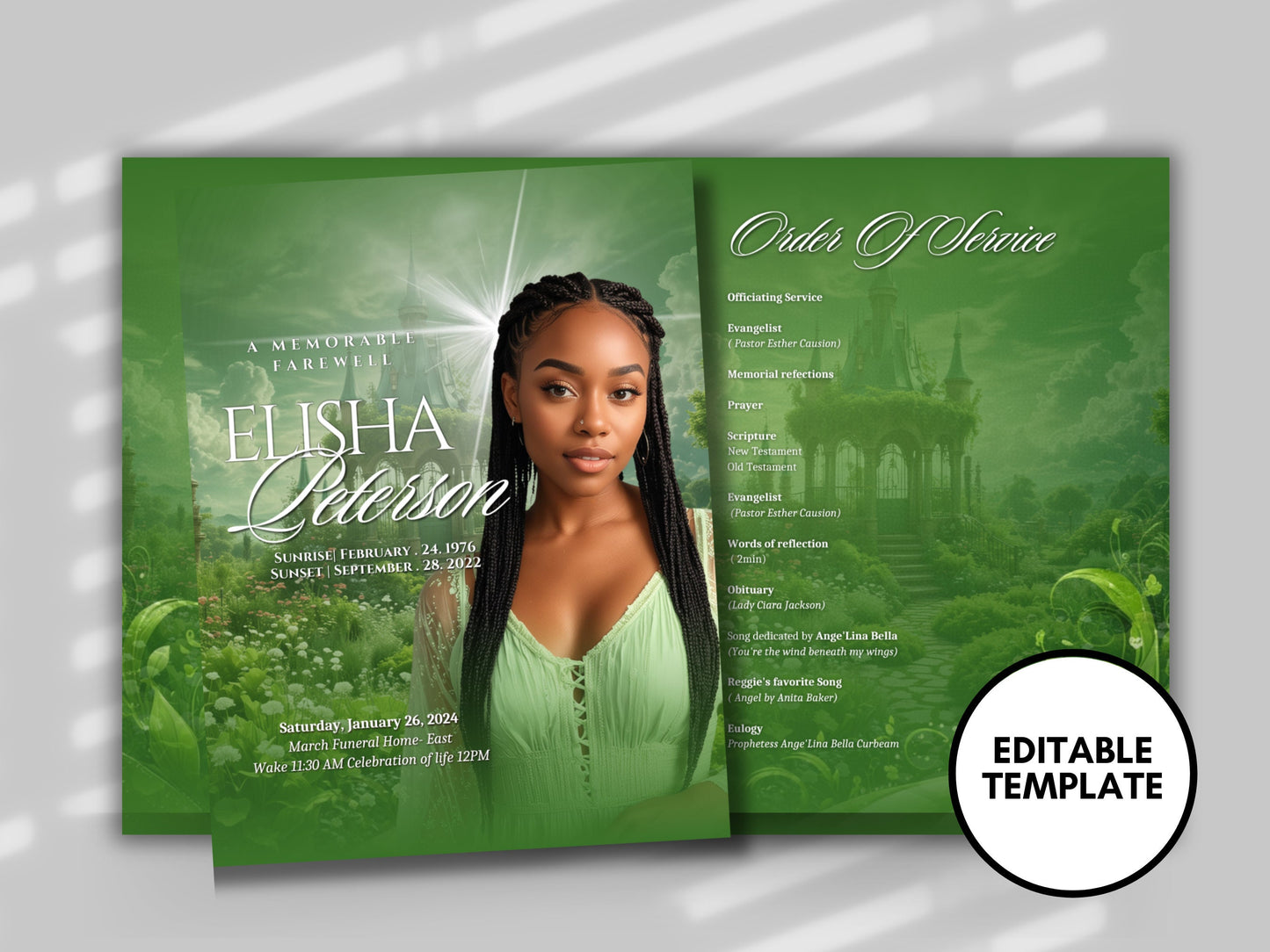Funeral programs 8.5X11 editable template 8 page Women's Green Program In loving memory funeral brochure printing DIY Funeral booklet