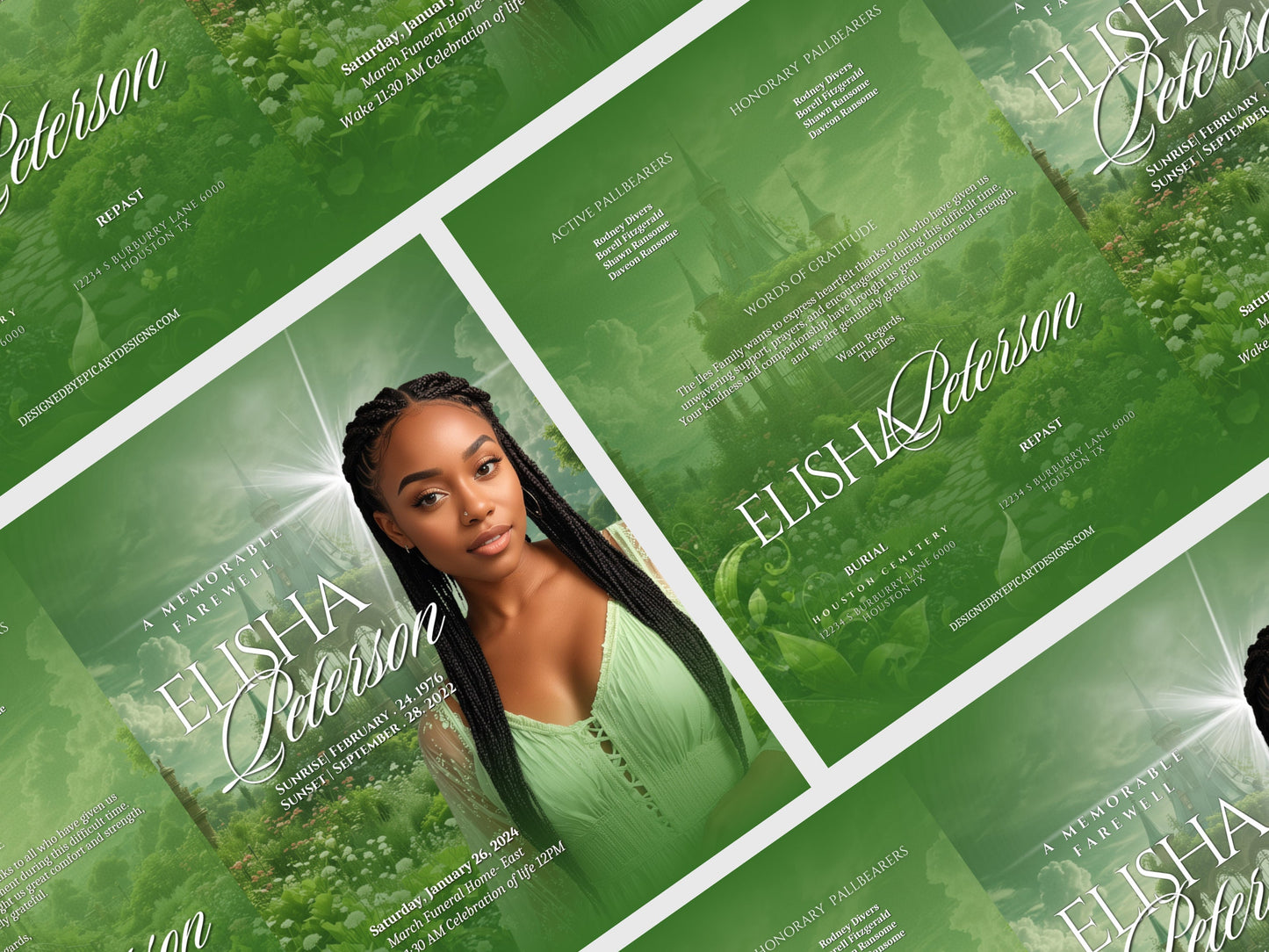 Funeral programs 8.5X11 editable template 8 page Women's Green Program In loving memory funeral brochure printing DIY Funeral booklet