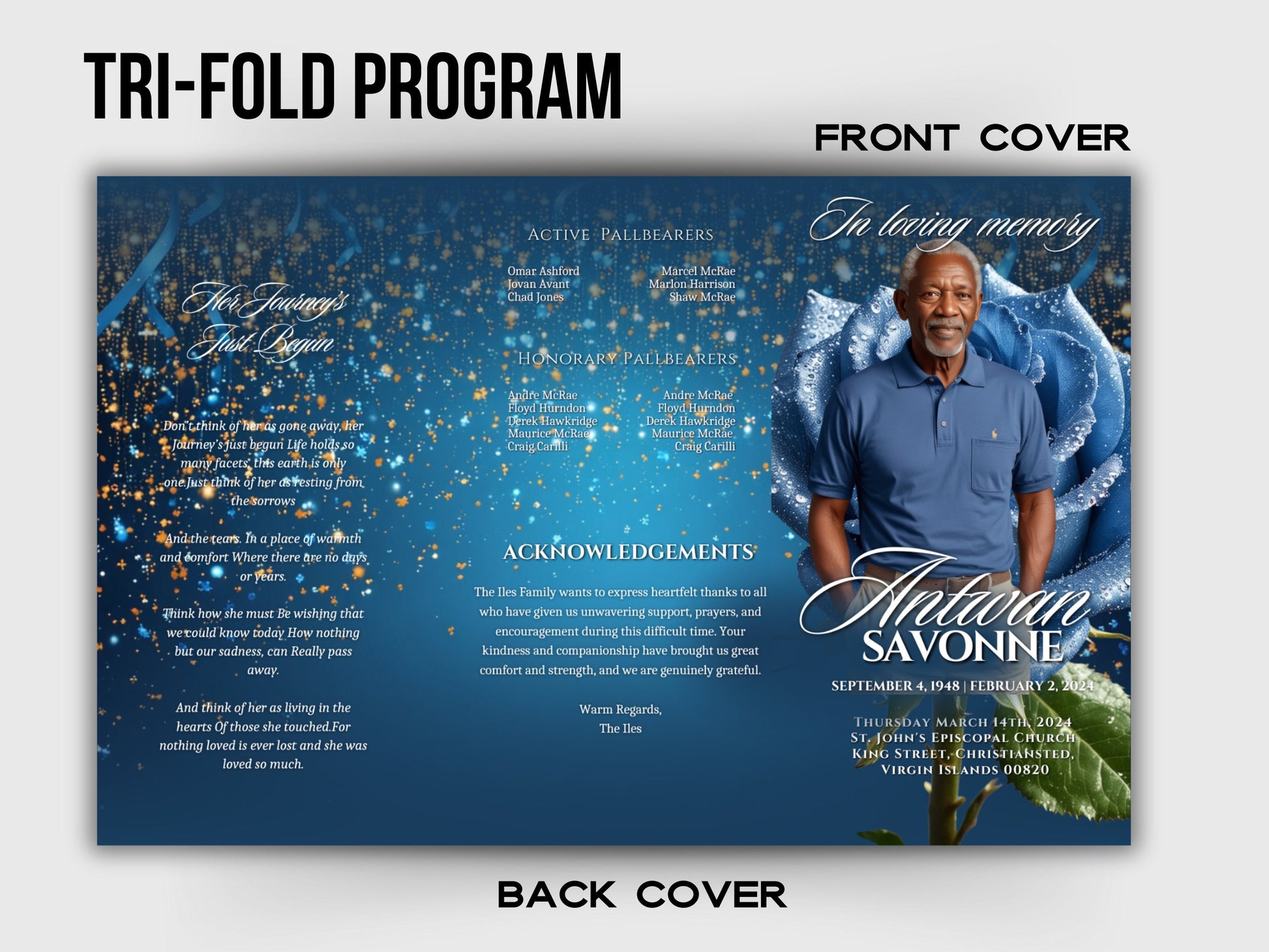 Funeral program 17"X11"editable templateTRIFOLD Men's Blue Glitter In loving memory funeral brochure printing DIY Funeral booklet Printable