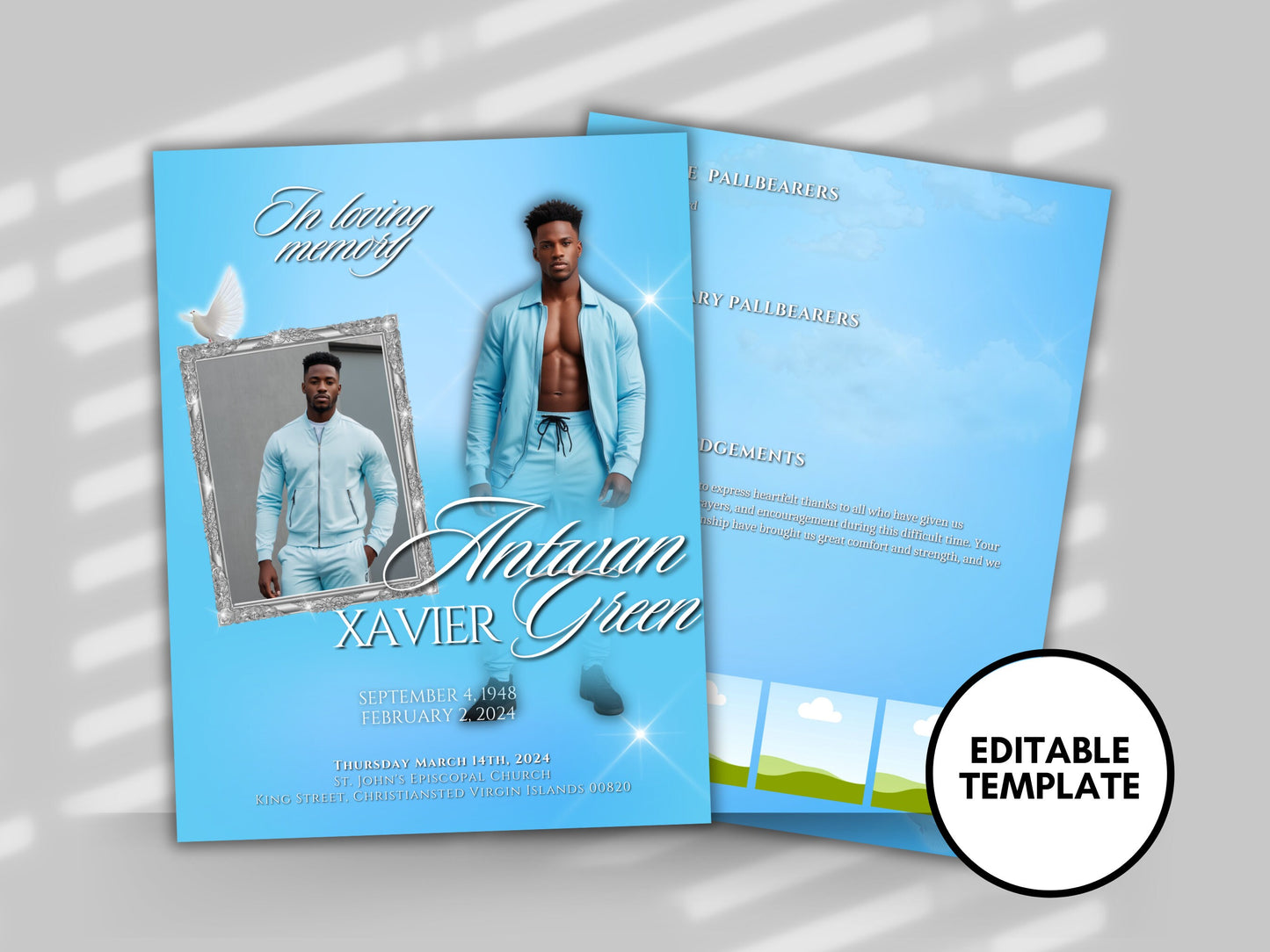 Funeral programs editable template 2 page 8.5x11 Men's Sky Blue In loving memory funeral brochure printing DIY Funeral booklet