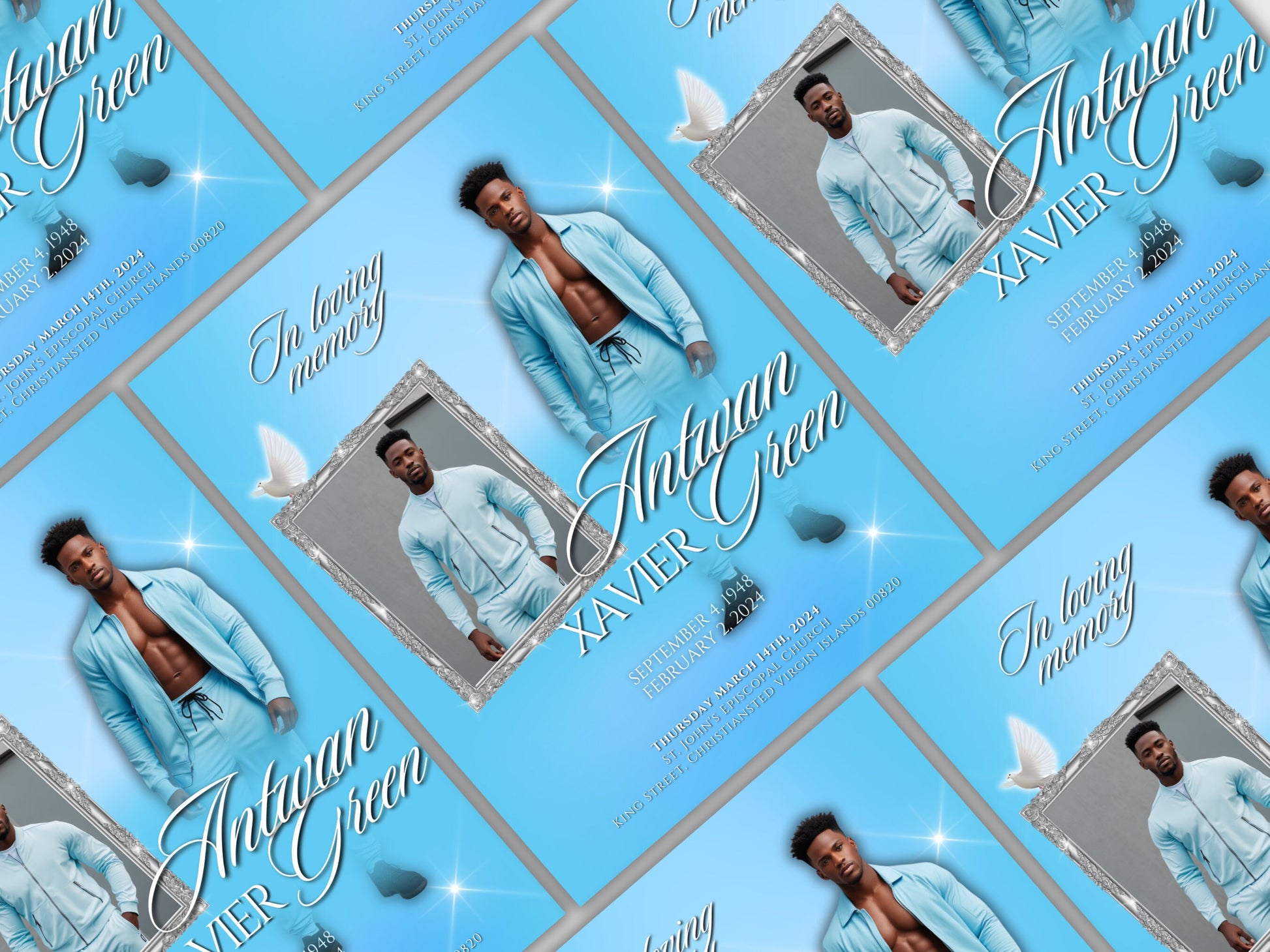 Funeral programs editable template 2 page 8.5x11 Men's Sky Blue In loving memory funeral brochure printing DIY Funeral booklet