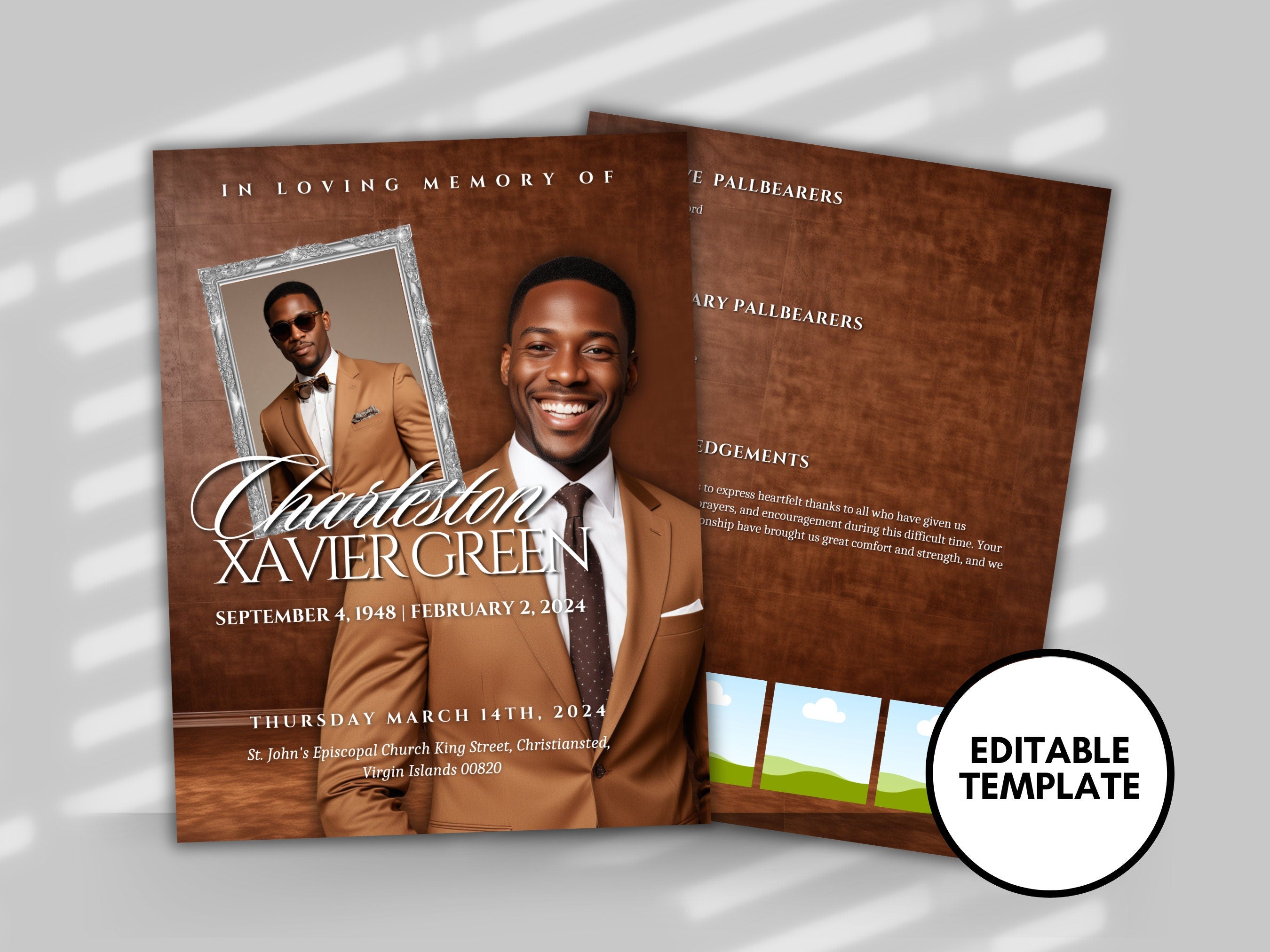 Funeral programs editable template 2 page 8.5x11 Men's Brown In loving ...