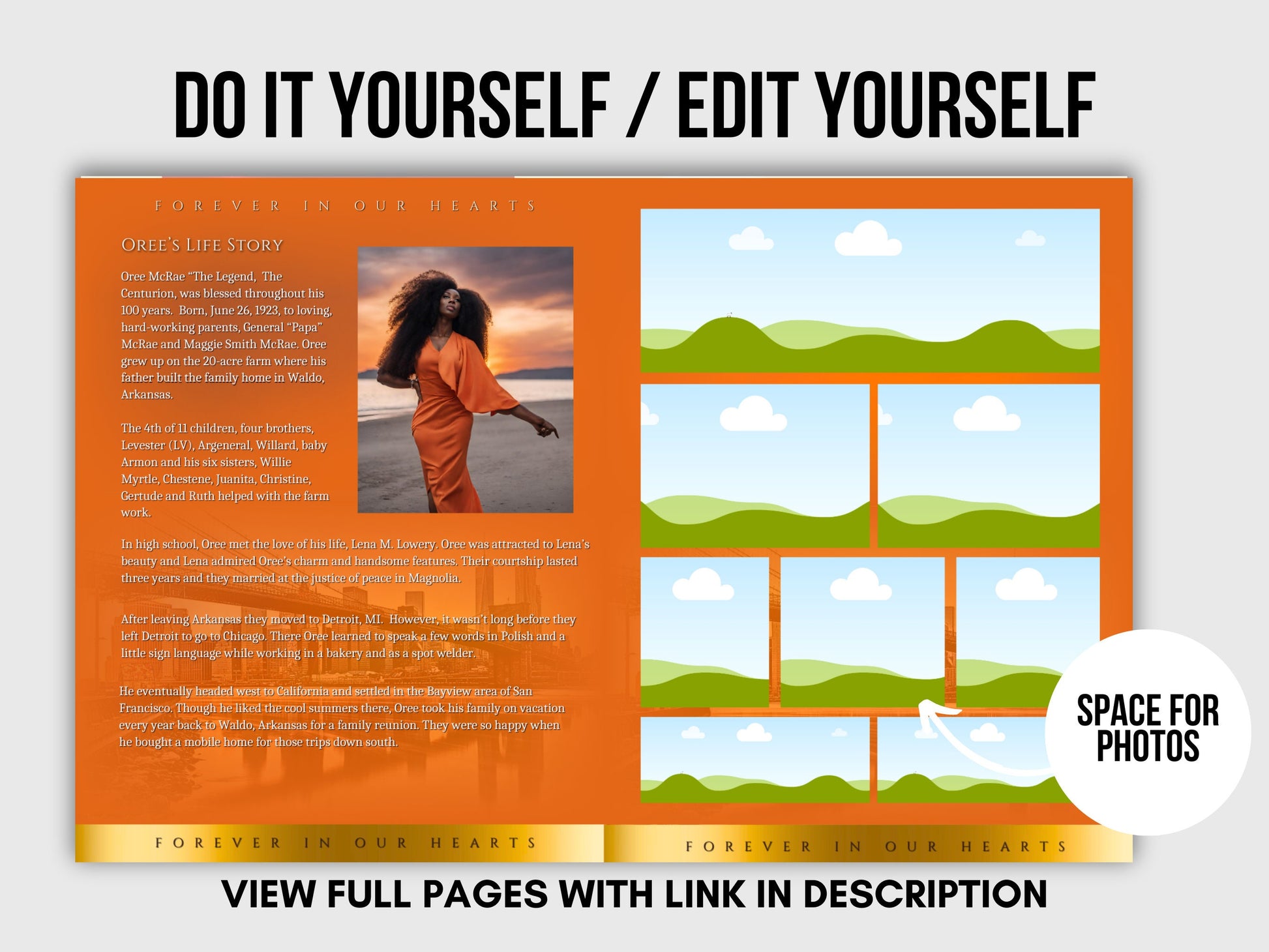 Funeral programs 8.5X11 editable template 8 page Women's Orange In loving memory funeral brochure printing DIY Funeral booklet