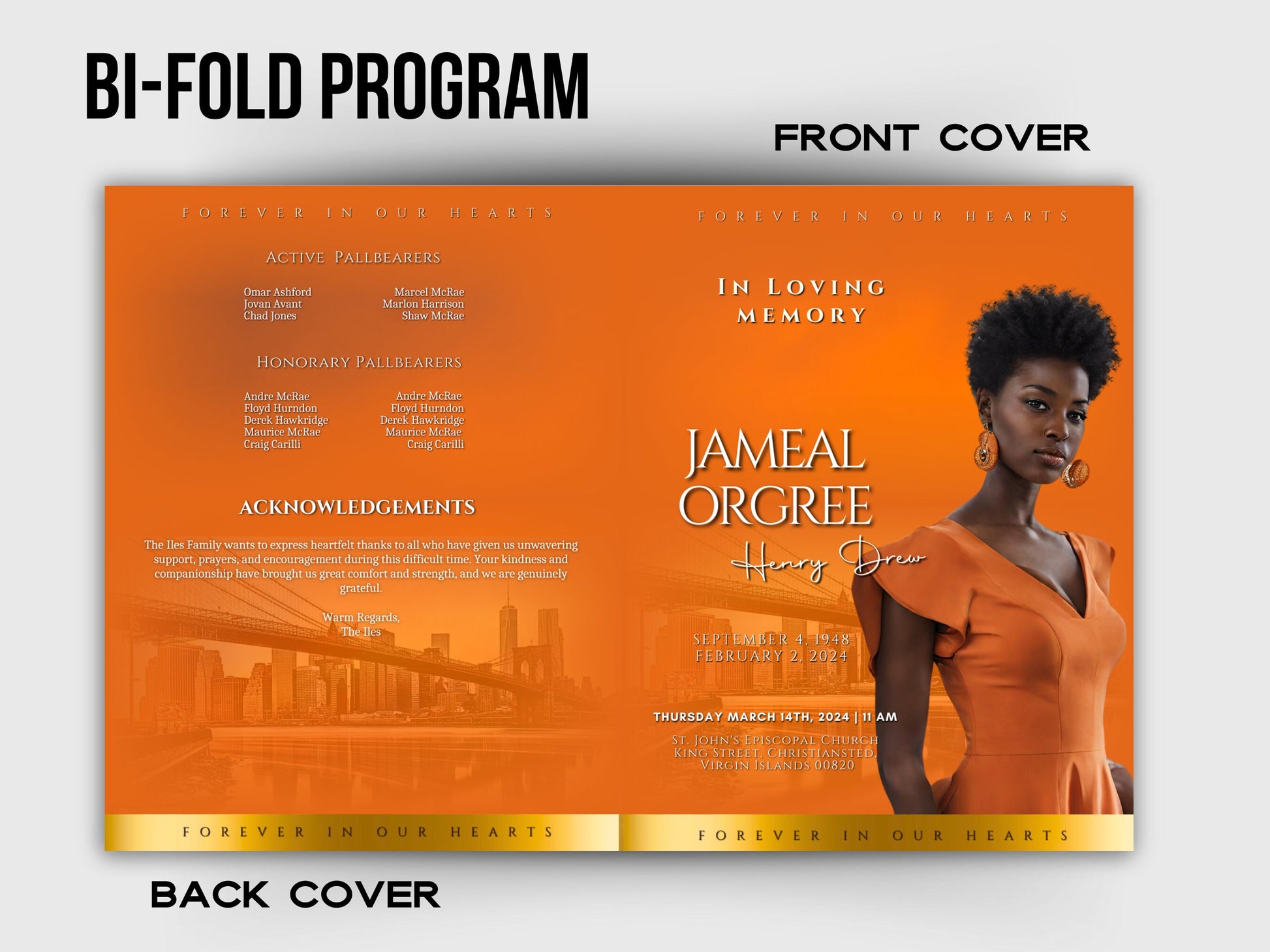 Funeral programs 8.5X11 editable template 8 page Women's Orange In loving memory funeral brochure printing DIY Funeral booklet