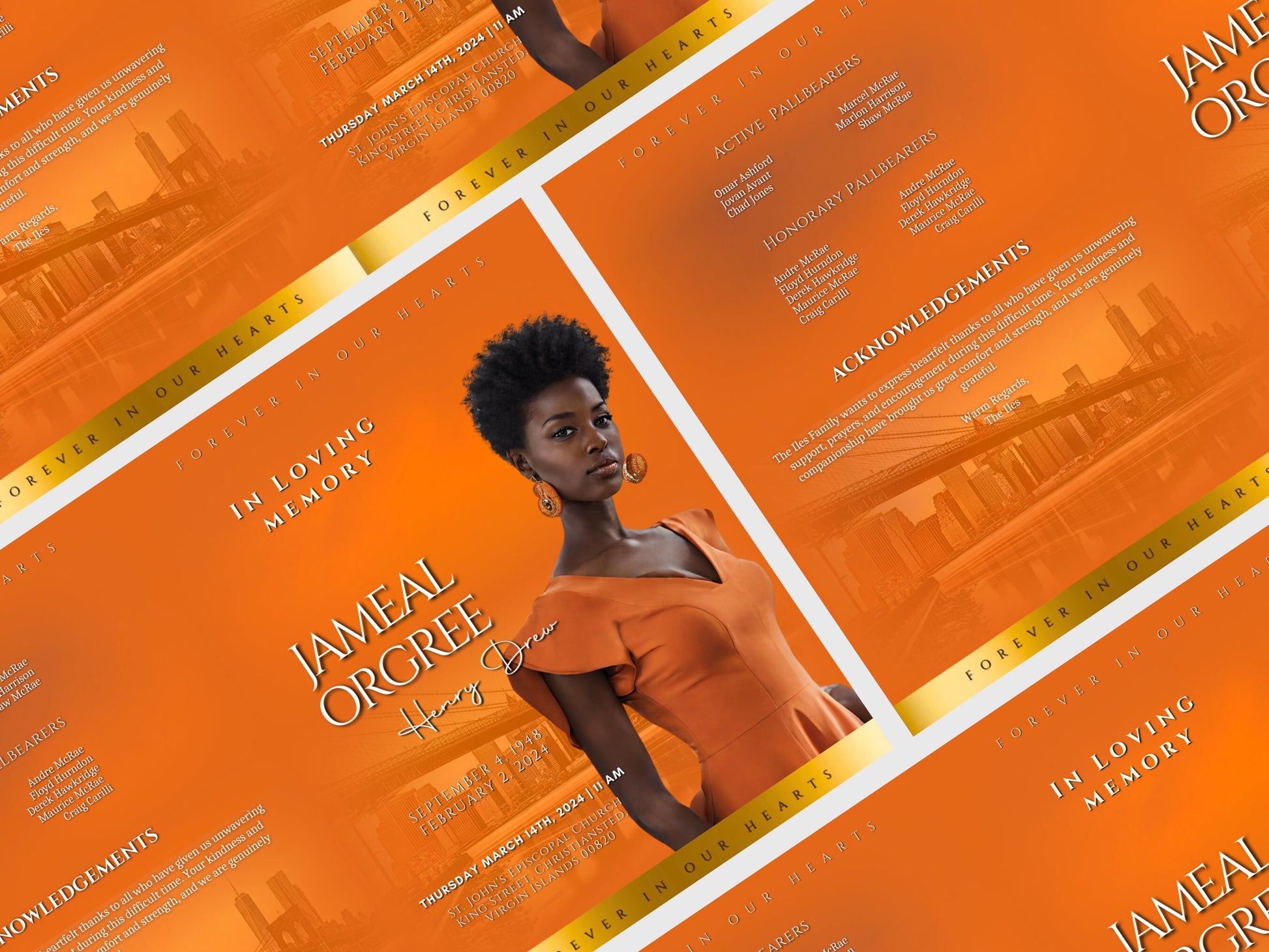 Funeral programs 8.5X11 editable template 8 page Women's Orange In loving memory funeral brochure printing DIY Funeral booklet