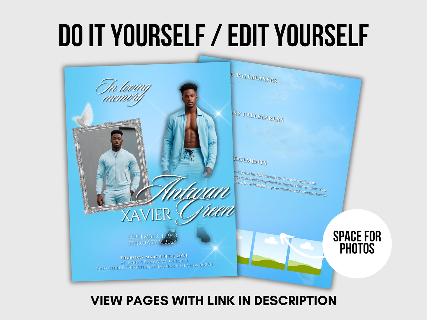 Funeral programs editable template 2 page 8.5x11 Men's Sky Blue In loving memory funeral brochure printing DIY Funeral booklet
