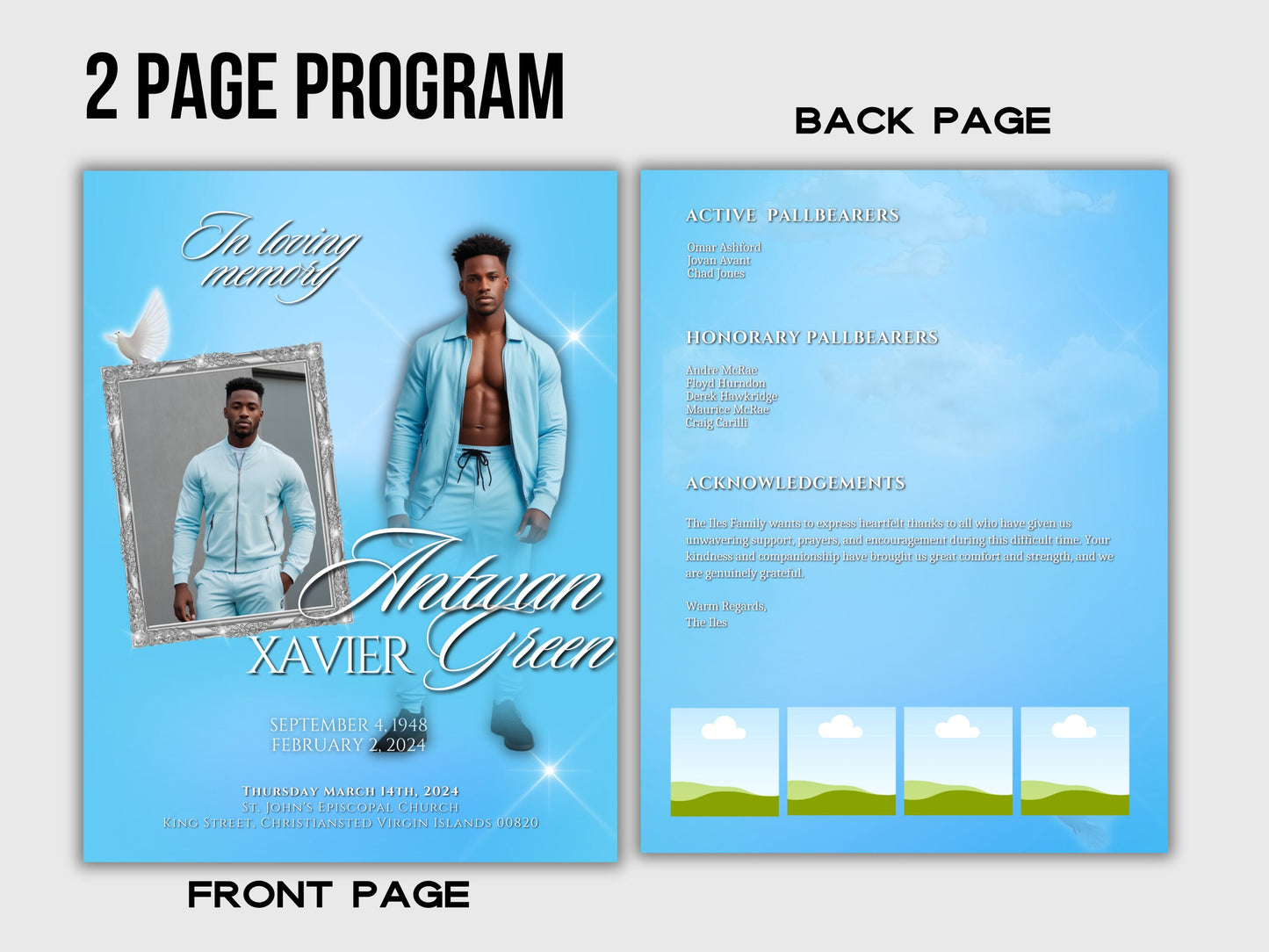 Funeral programs editable template 2 page 8.5x11 Men's Sky Blue In loving memory funeral brochure printing DIY Funeral booklet