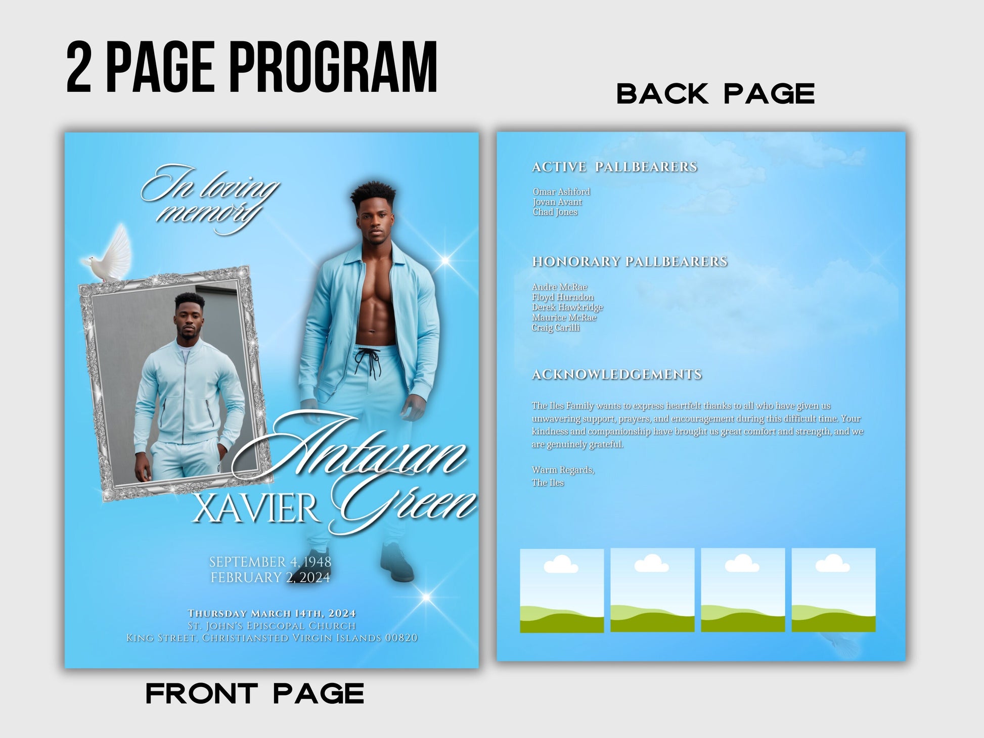 Funeral programs editable template 2 page 8.5x11 Men's Sky Blue In loving memory funeral brochure printing DIY Funeral booklet