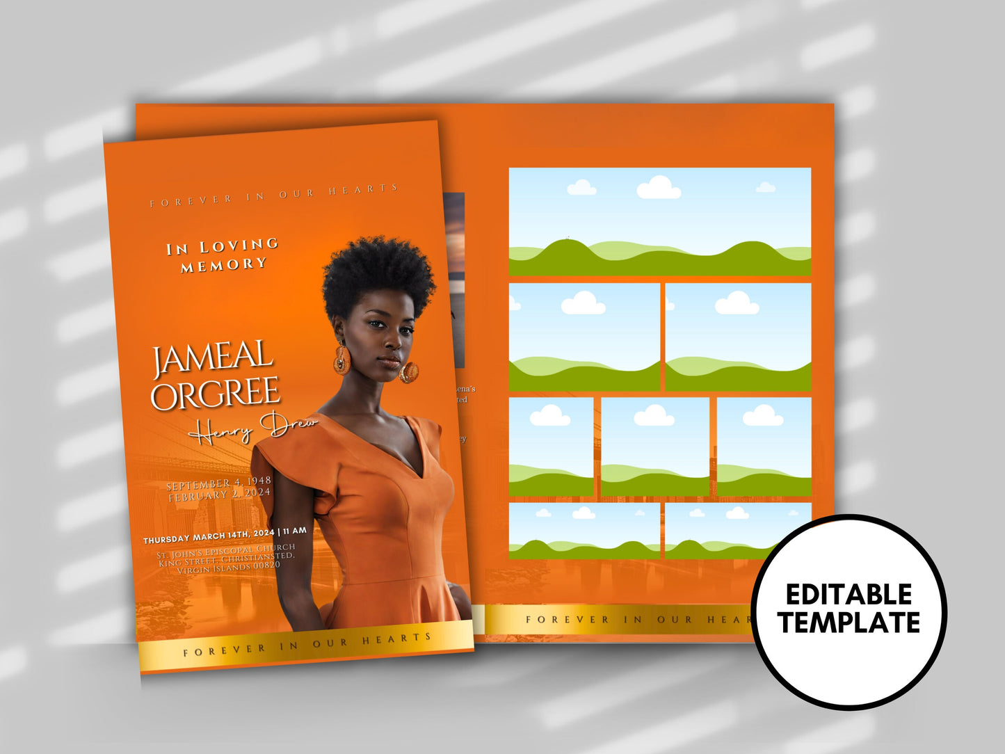 Funeral programs 8.5X11 editable template 8 page Women's Orange In loving memory funeral brochure printing DIY Funeral booklet