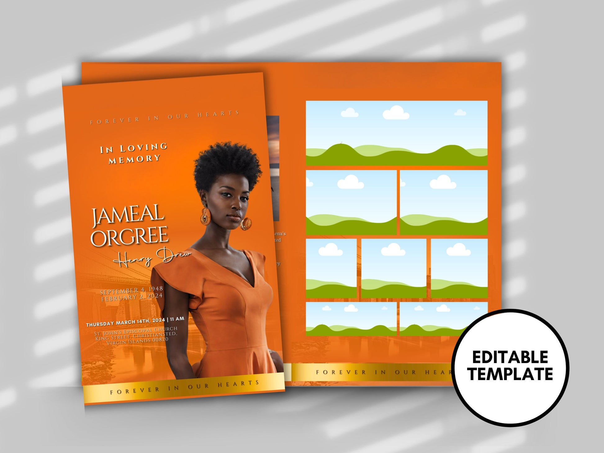 Funeral programs 8.5X11 editable template 8 page Women's Orange In loving memory funeral brochure printing DIY Funeral booklet