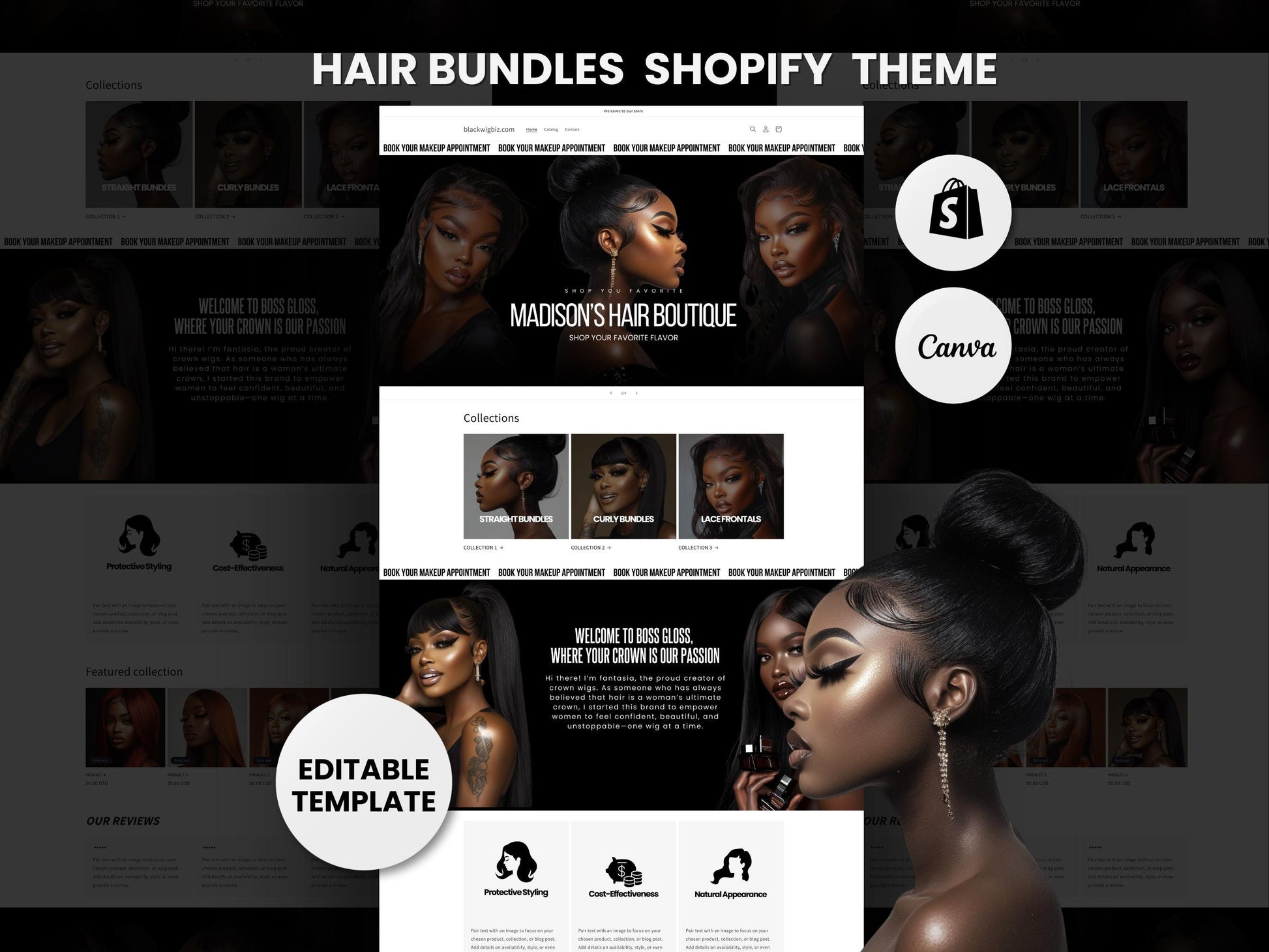 Wig Business Shopify Theme Template, Black Wig Theme, Website for Hairstylists Shopify Website Design, Shopify Banners