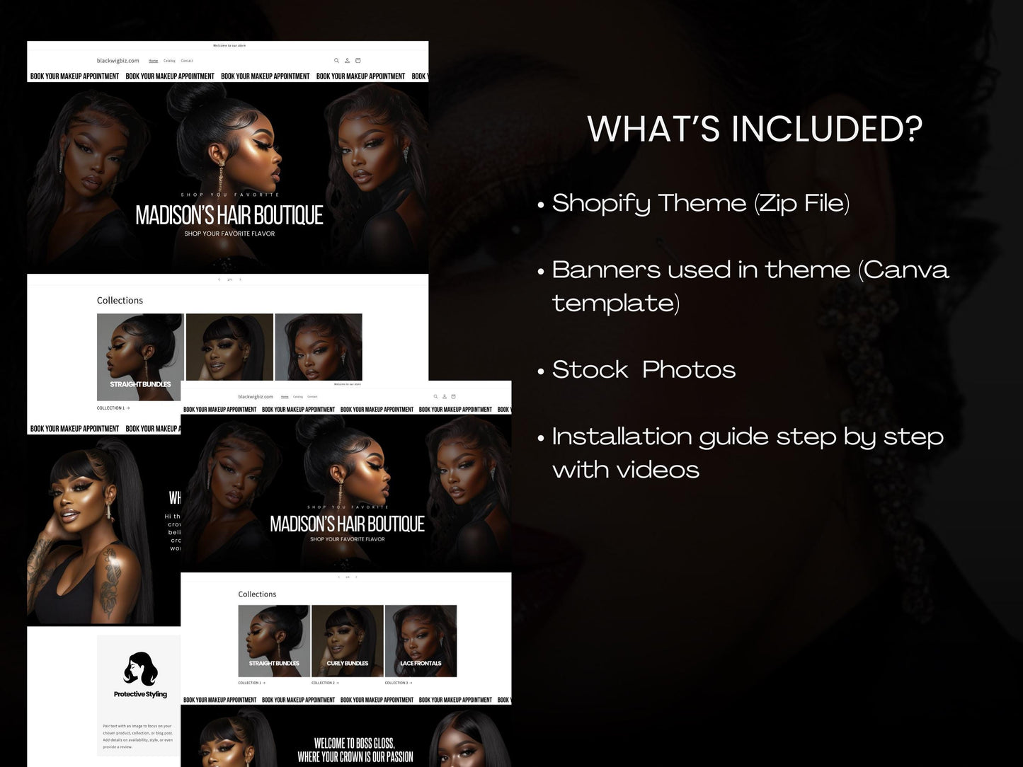 Wig Business Shopify Theme Template, Black Wig Theme, Website for Hairstylists Shopify Website Design, Shopify Banners