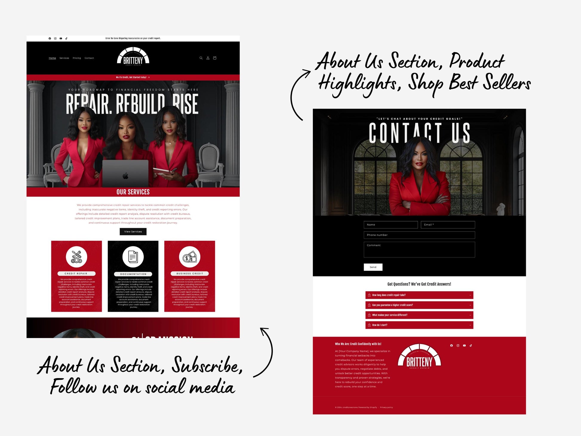 Red Shopify Theme Template, Credit Repair Theme, Website for Corporate Businesses Shopify Website Design, Shopify Banners, Business Owners