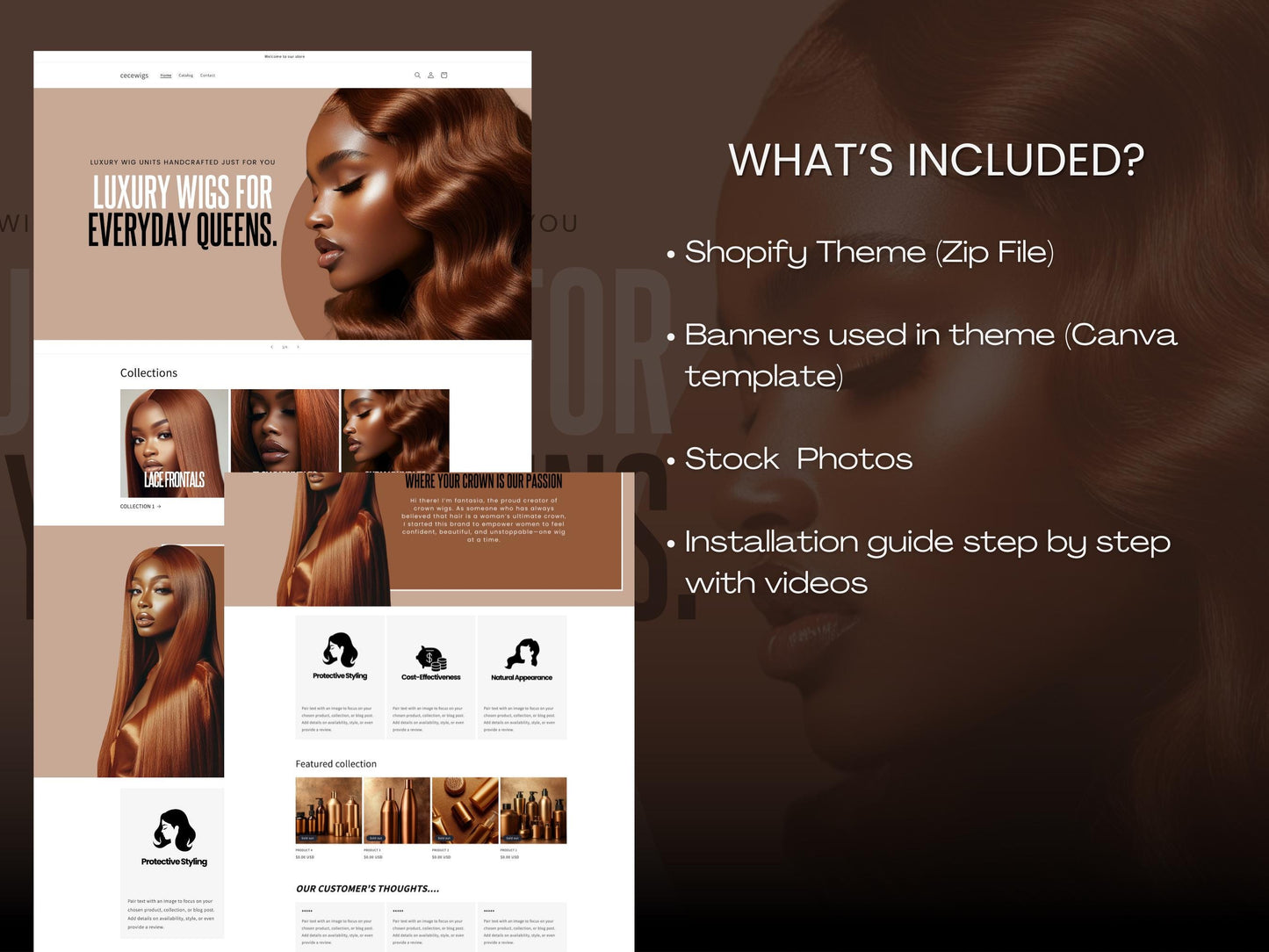 Wig Business Shopify Theme Template, Copper Wig Theme, Website for Hairstylists Shopify Website Design, Shopify Banners