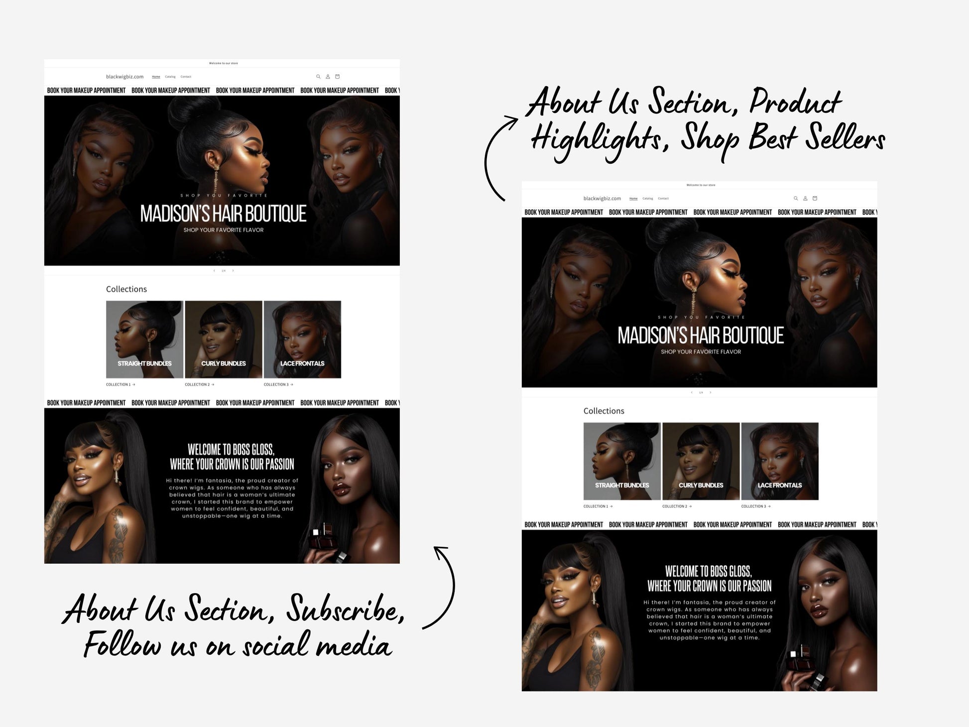 Wig Business Shopify Theme Template, Black Wig Theme, Website for Hairstylists Shopify Website Design, Shopify Banners