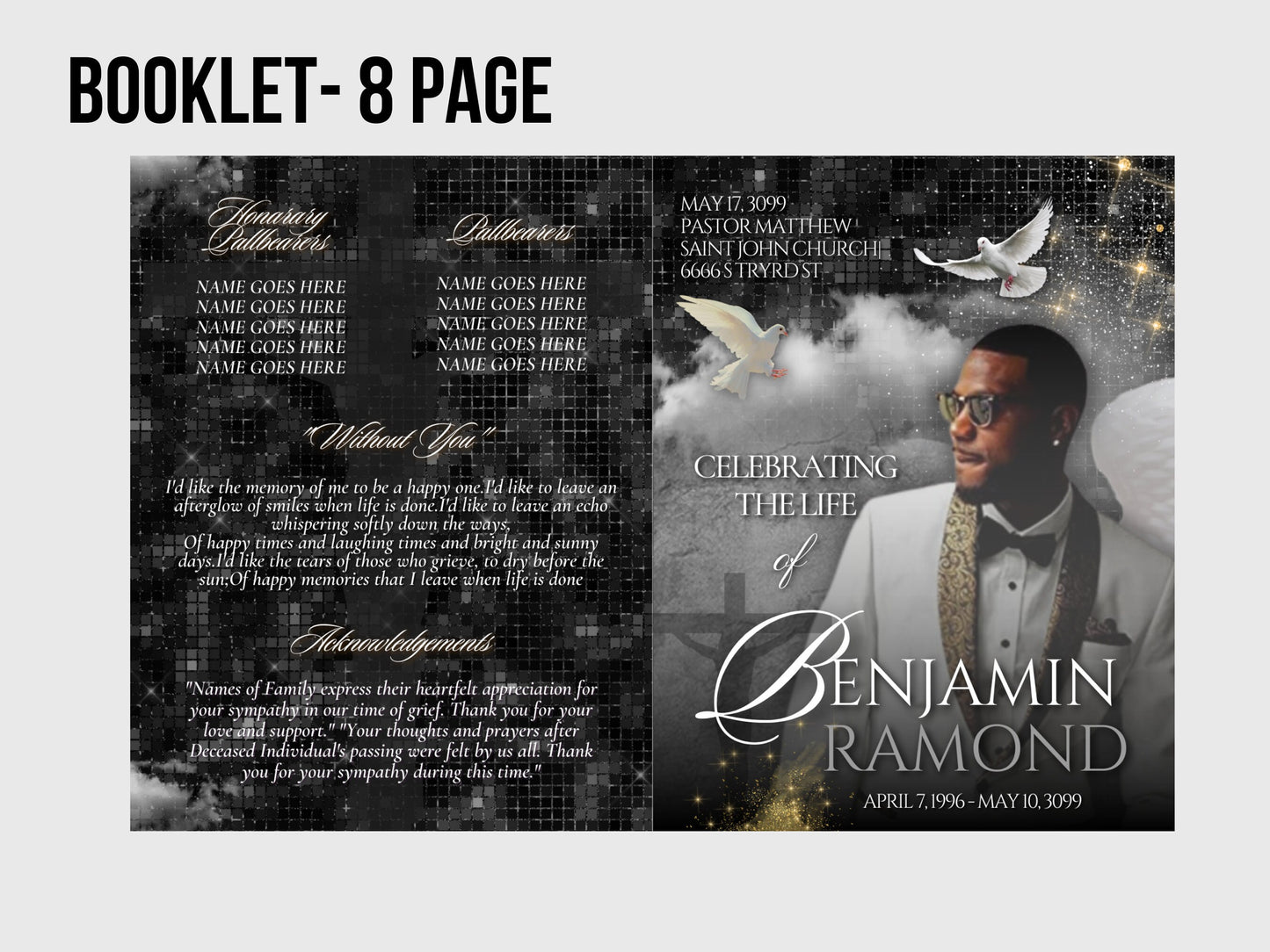 8.5"x11" BOOKLET Memorial program (8 pages) | Elegant Style Funeral Program |Celebration of Life |Keepsake |Digital Download |Canva Template