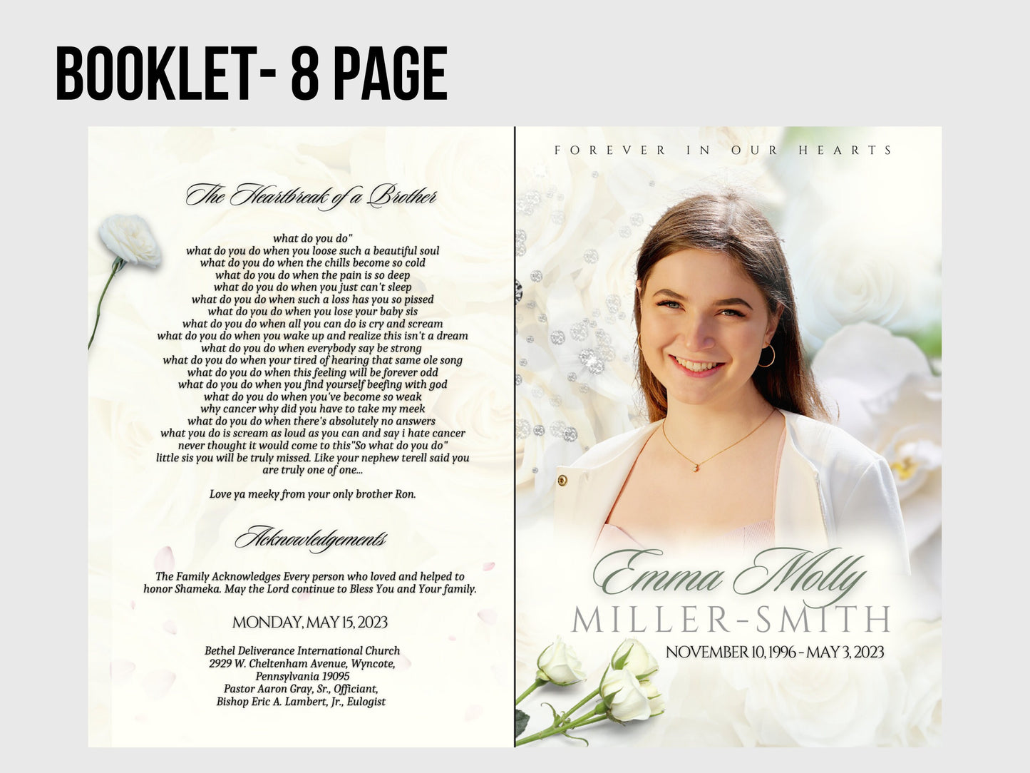 5.5"x8.5" BOOKLET Memorial program (8 pages)| Rose Style Funeral Program |Celebration of Life |Keepsake |Digital Download |Canva Template