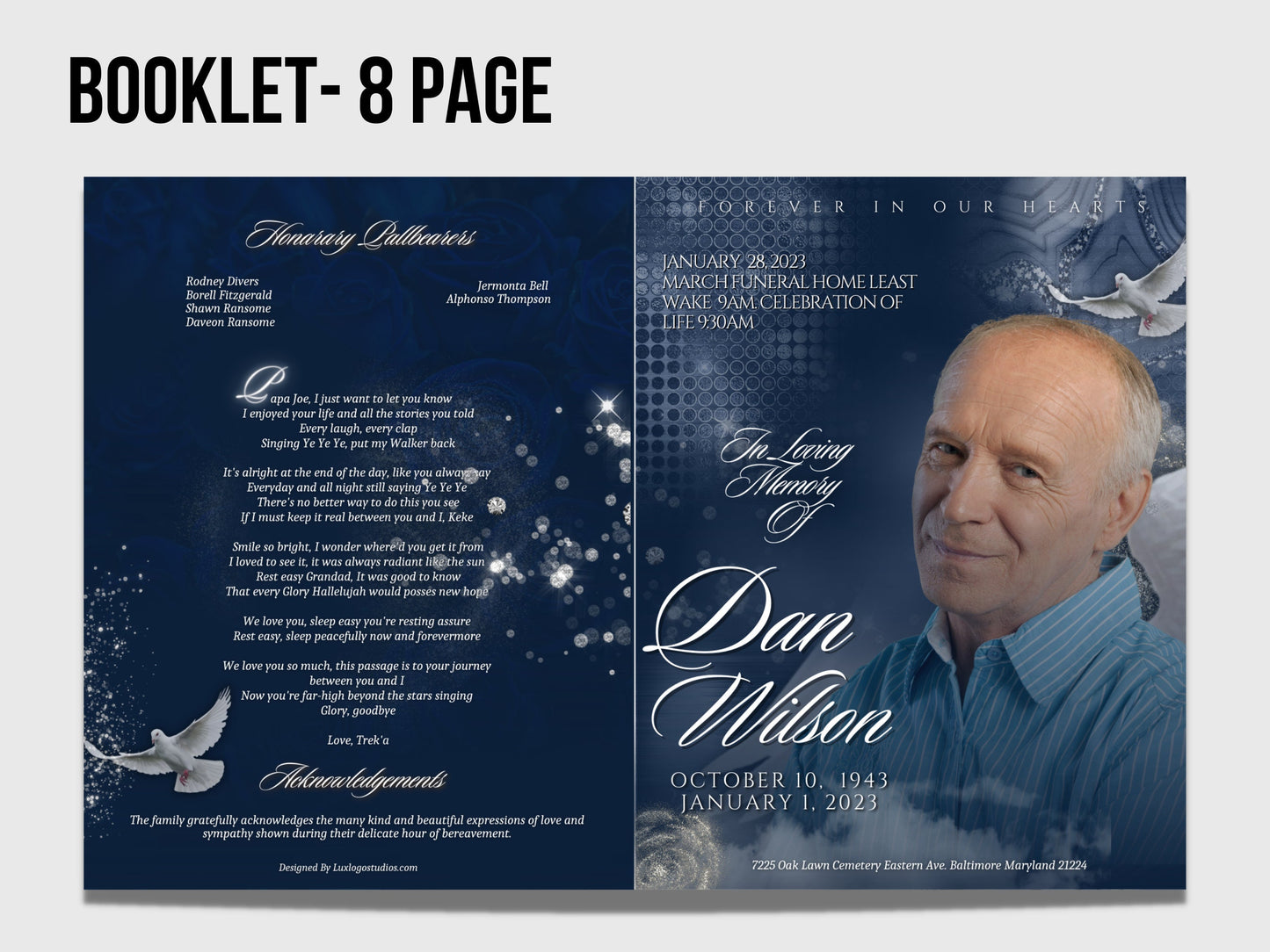 8.5"x11" BOOKLET Memorial program (8 pages)| Mens Blue Funeral Program |Celebration of Life |Keepsake |Digital Download |Canva Template