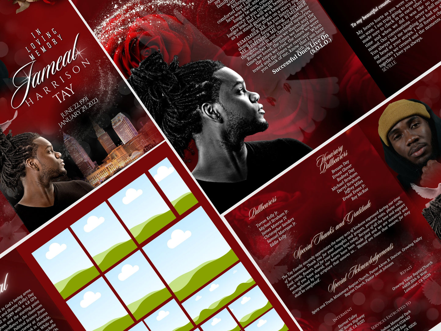 8.5"x11" BOOKLET Memorial program (16 pages)| Mens Red Funeral Program |Celebration of Life |Keepsake |Digital Download |Canva Template