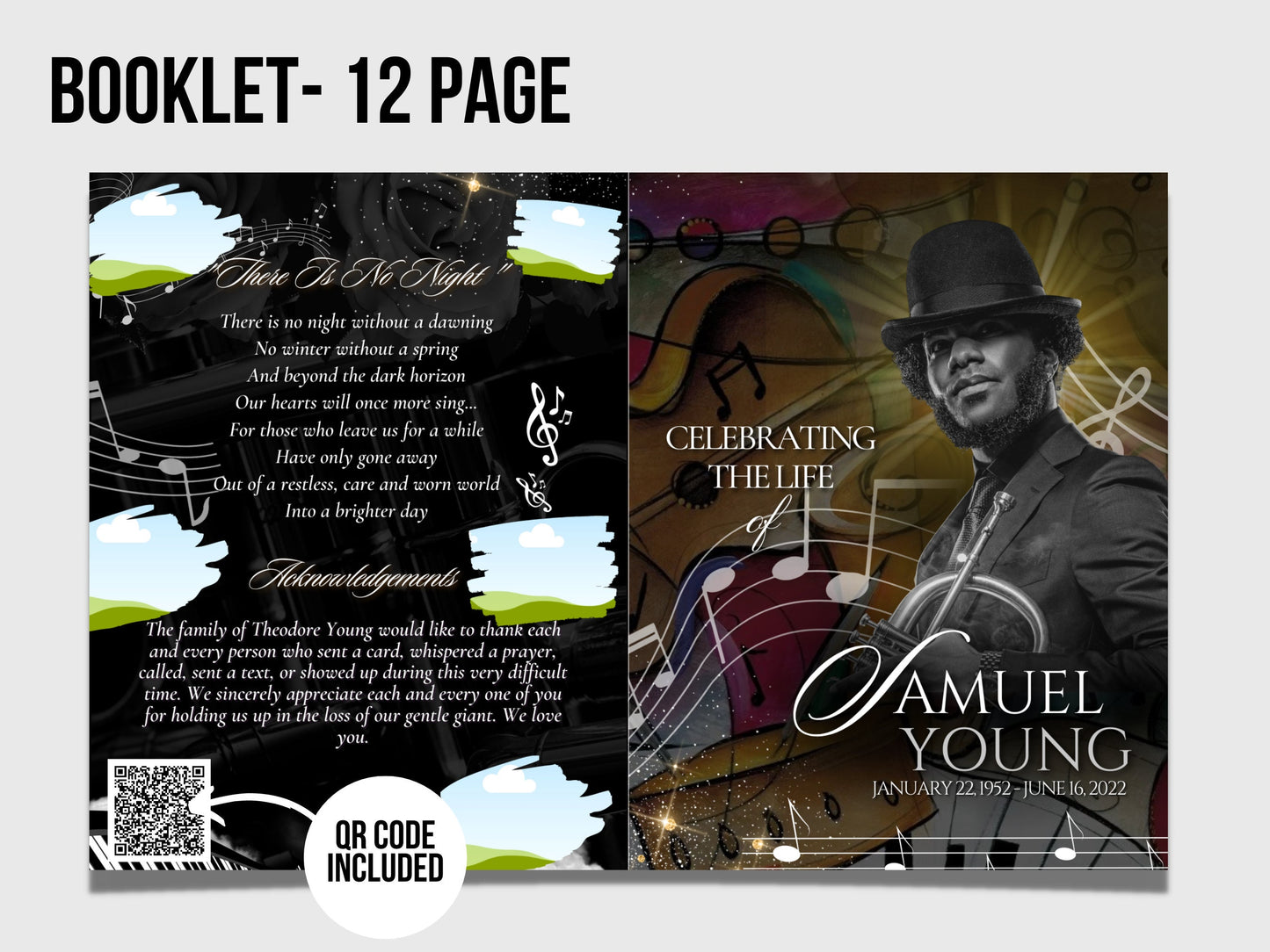 8.5"x11" BOOKLET Memorial program (12 pages)| Mens Jazz Funeral Program |Celebration of Life |Keepsake |Digital Download |Canva Template