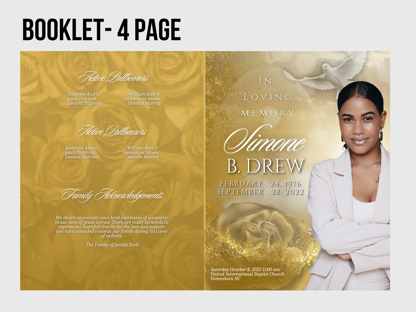 8.5"x11" BOOKLET Memorial program (4 pages)| GOLD Style Funeral Program |Celebration of Life |Keepsake |Digital Download |Canva Template