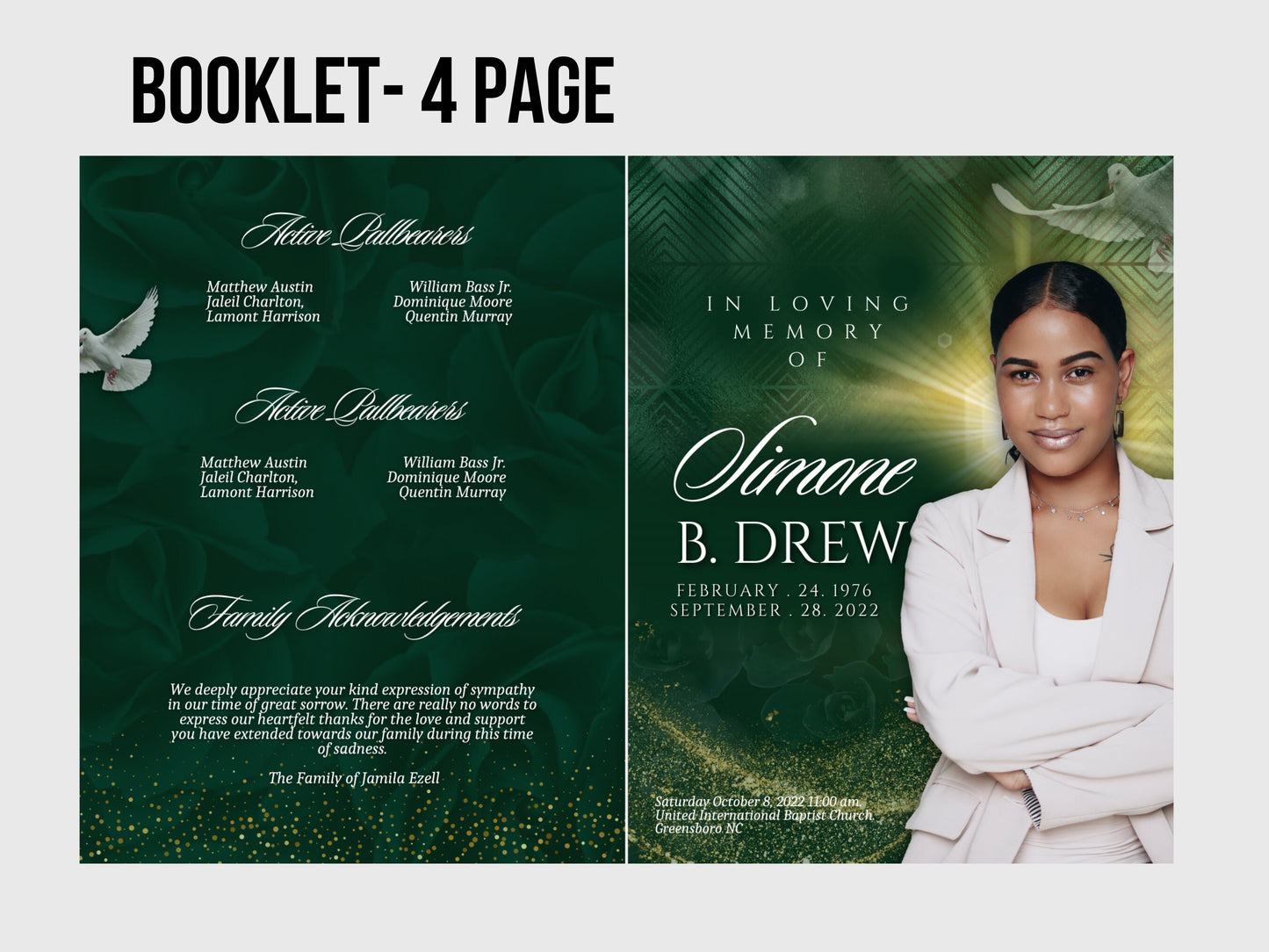 8.5"x11" BOOKLET Memorial program (4 pages)| Green Funeral Program |Celebration of Life |Keepsake |Digital Download |Canva Template