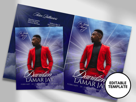 8.5"x11" BOOKLET Memorial program (4 pages)| Blue Beam Funeral Program |Celebration of Life |Keepsake |Digital Download |Canva Template