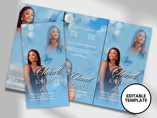 17"x11" FUNERAL OBITUARY TEMPLATE (2 pages) |Elegant Style Funeral Program | Celebration of Life |Women Blue Rose Obituary |Canva Template