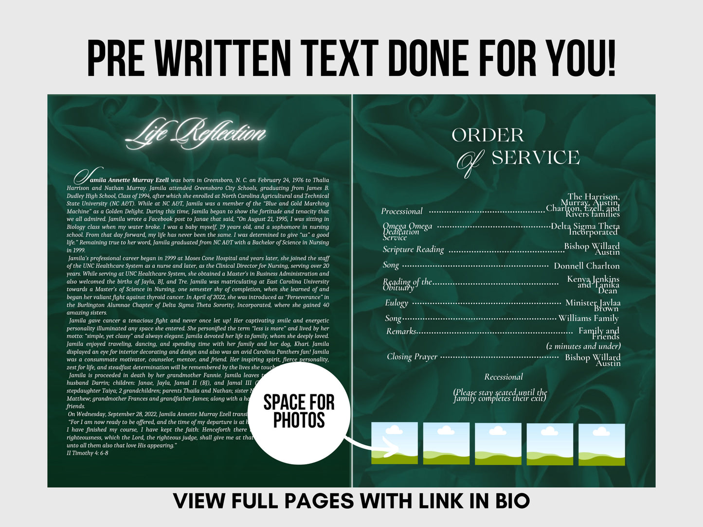 8.5"x11" BOOKLET Memorial program (4 pages)| Mens Green Funeral Program |Celebration of Life |Keepsake |Digital Download |Canva Template