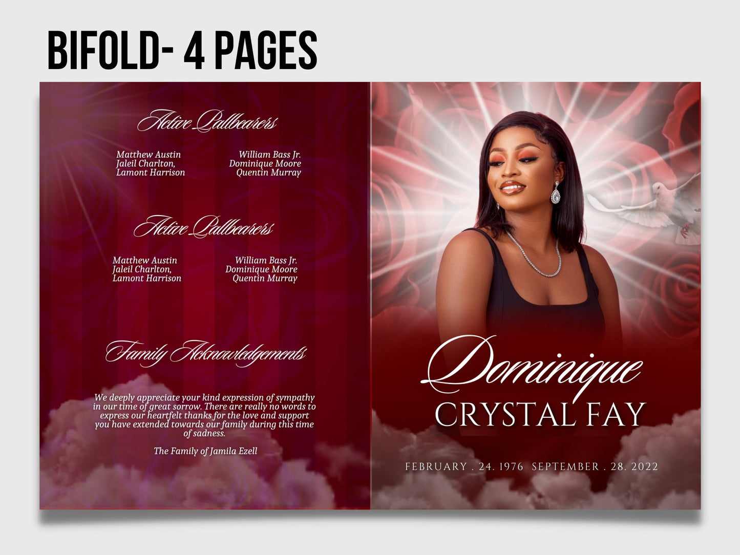 8.5"x11" BOOKLET Memorial program (4 pages)| Red Rose Funeral Program |Celebration of Life |Keepsake |Digital Download |Canva Template