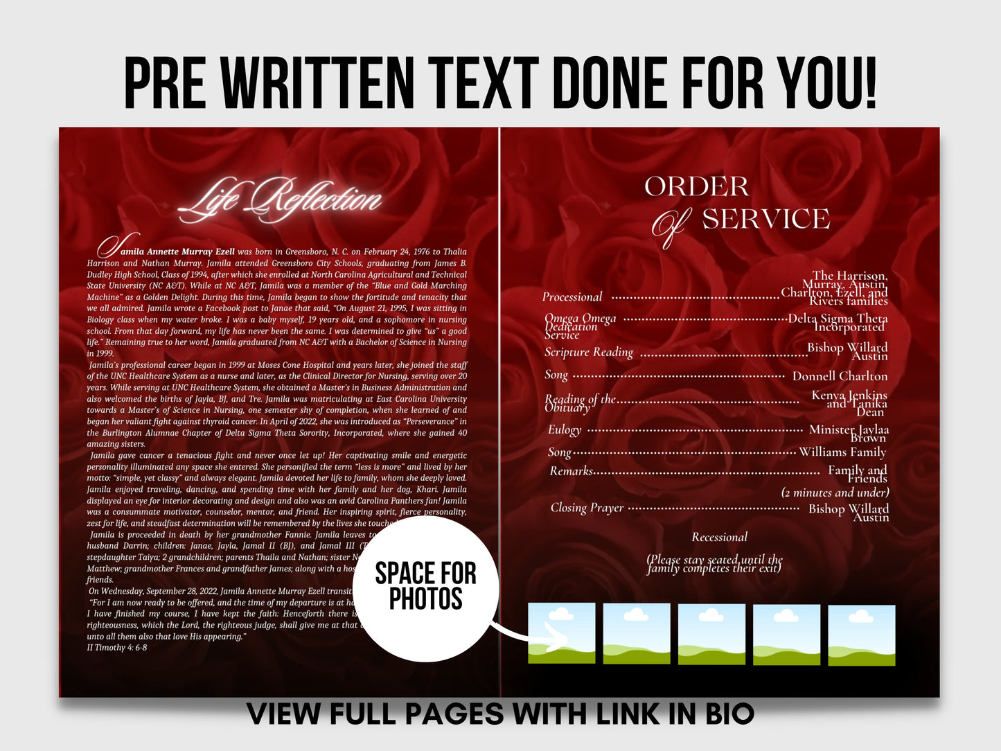 8.5"x11" BOOKLET Memorial program (4 pages)| Red Rose Funeral Program |Celebration of Life |Keepsake |Digital Download |Canva Template