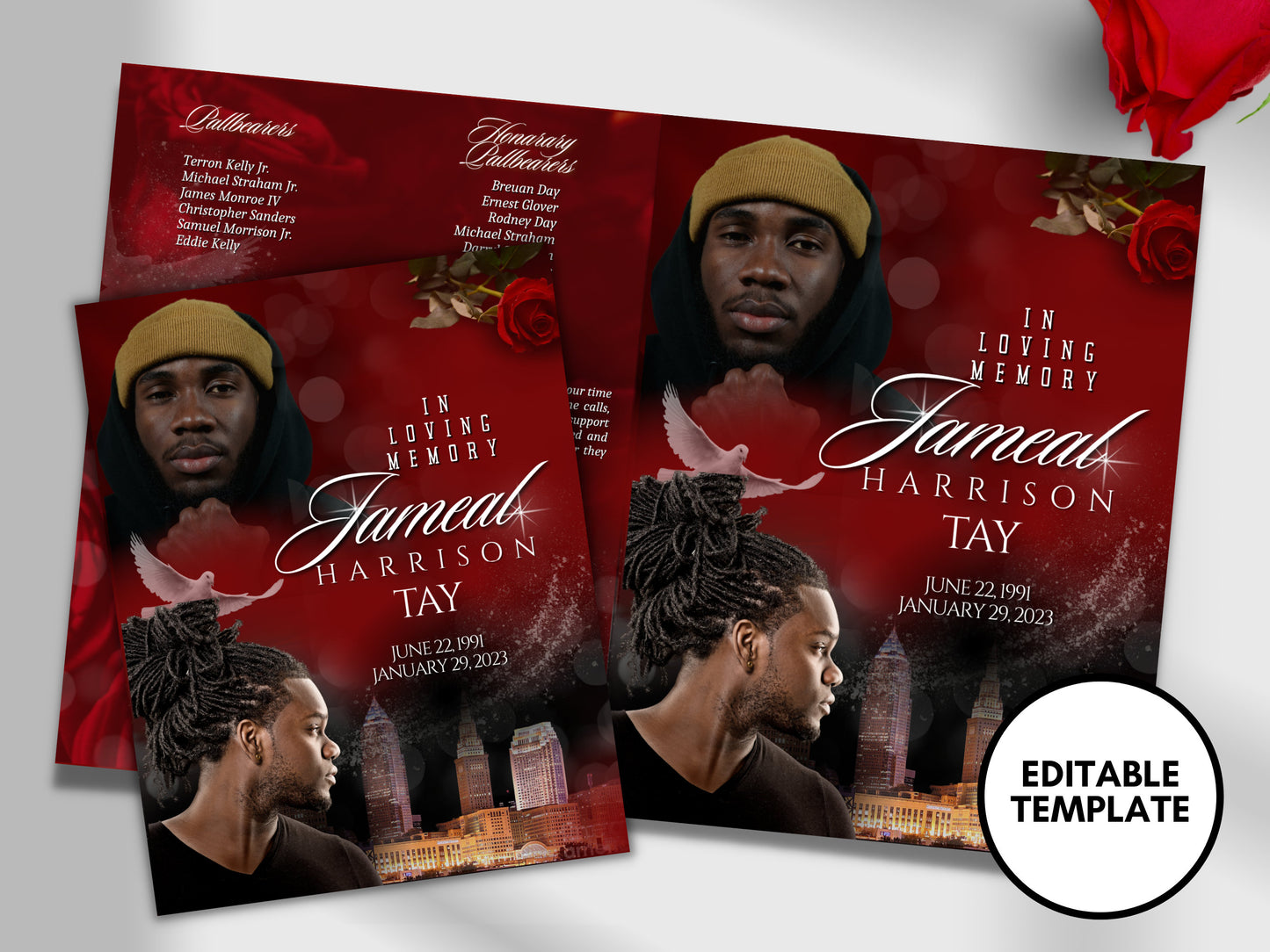 8.5"x11" BOOKLET Memorial program (16 pages)| Mens Red Funeral Program |Celebration of Life |Keepsake |Digital Download |Canva Template