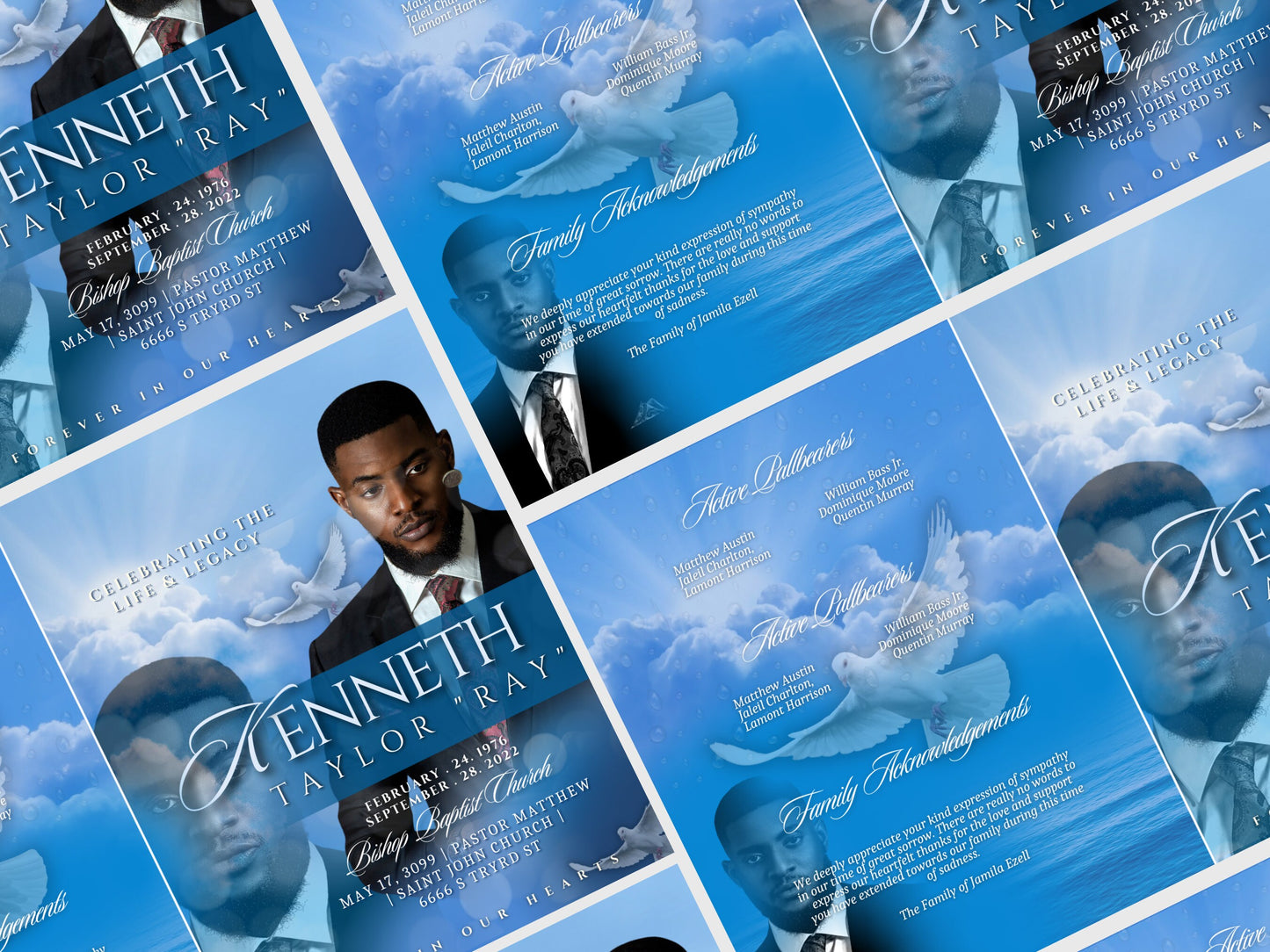 8.5"x11" BOOKLET Memorial program (8 pages) | Blue Cloud Funeral Program |Celebration of Life |Keepsake |Digital Download |Canva Template