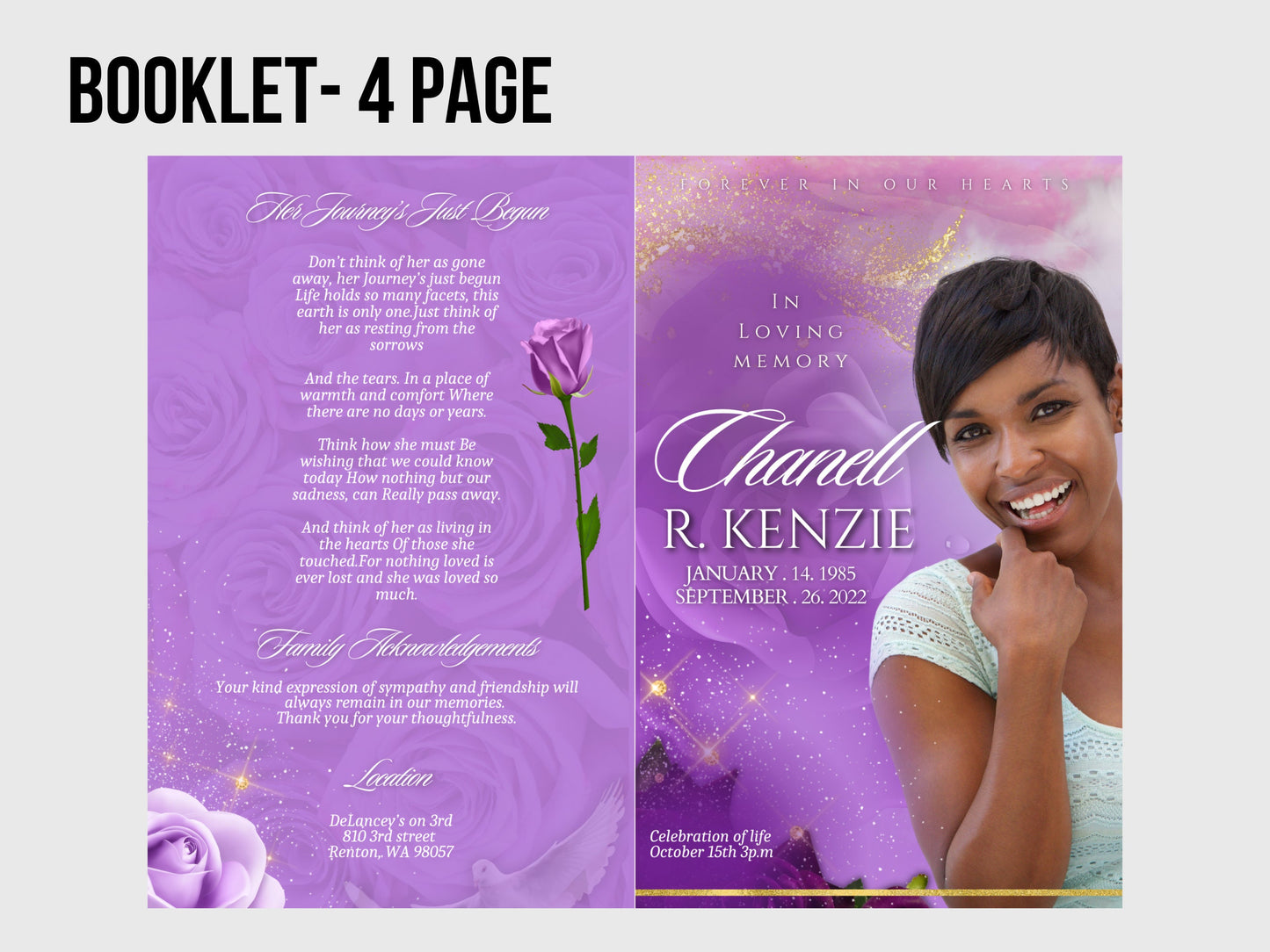 5.5"x8.5" BOOKLET Memorial program (4 pages)| PURPLE Style Funeral Program |Celebration of Life |Keepsake |Digital Download |Canva Template