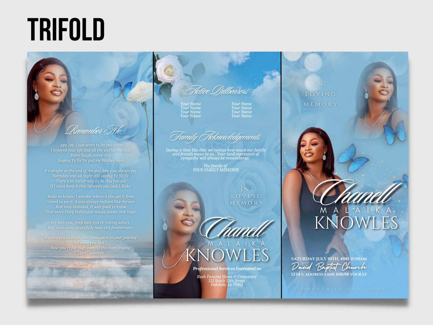 17"x11" FUNERAL OBITUARY TEMPLATE (2 pages) |Elegant Style Funeral Program | Celebration of Life |Women Blue Rose Obituary |Canva Template