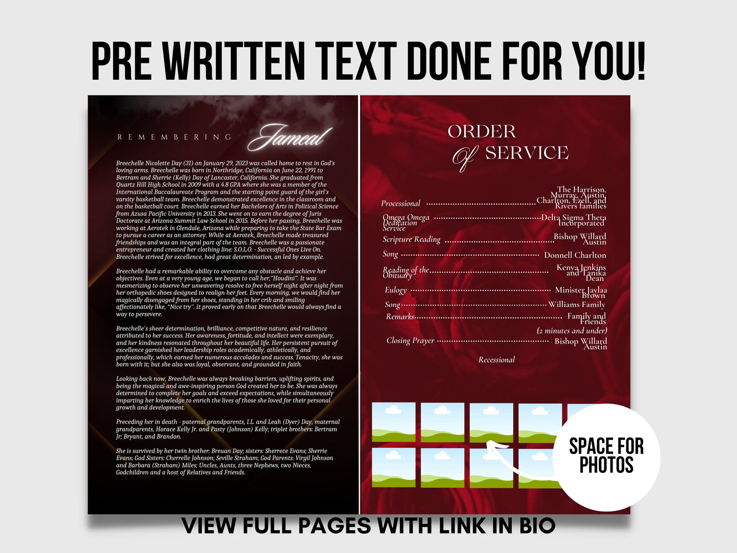 5.5"x8.5" BOOKLET Memorial program (8 pages)| LUXURY Red Funeral Program |Celebration of Life |Keepsake |Digital Download |Canva Template