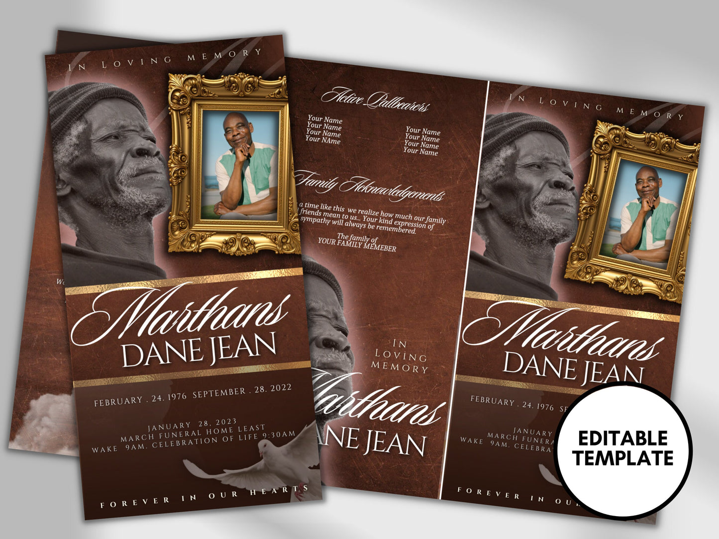 17"x11" FUNERAL OBITUARY TEMPLATE (2 pages) Elegant Style Funeral Pro